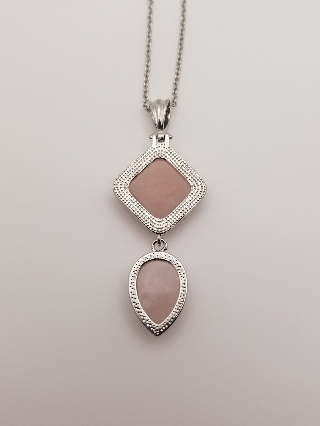 Geometric Rose Quartz Pendant: Stainless Steel Teardrop Necklace