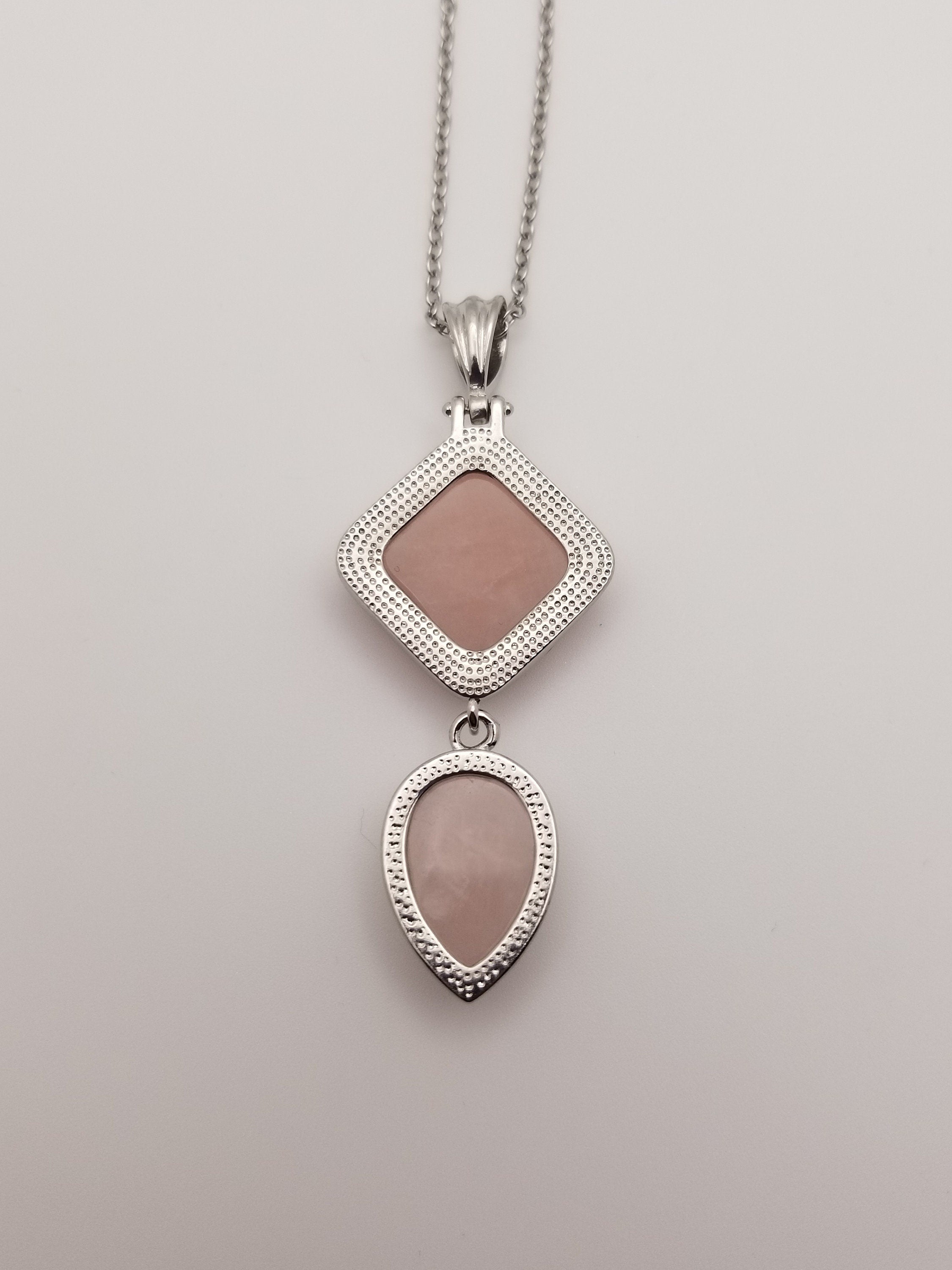 Geometric Rose Quartz Pendant: Stainless Steel Teardrop Necklace