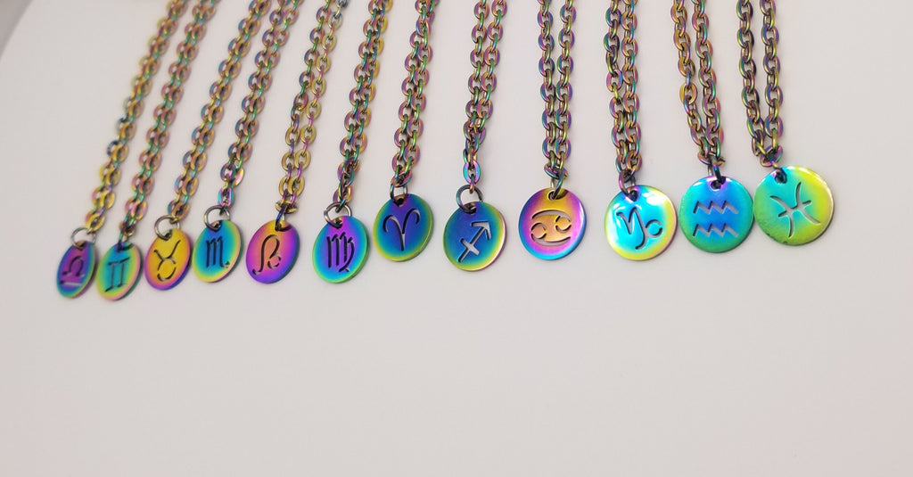 Rainbow Zodiac Charm Necklace: Waterproof Stainless Steel Astrology Pendant
