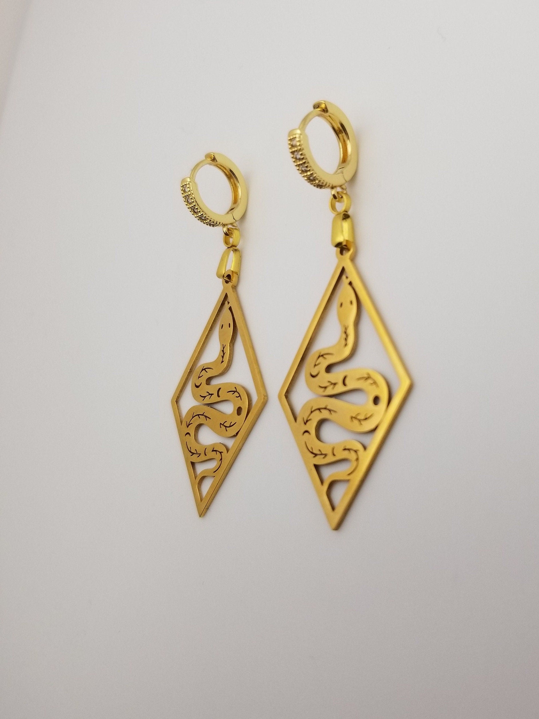 Egyptian Snake Drop Earrings, 18k Gold Plated Serpent Huggies, Waterproof Celestial Jewelry