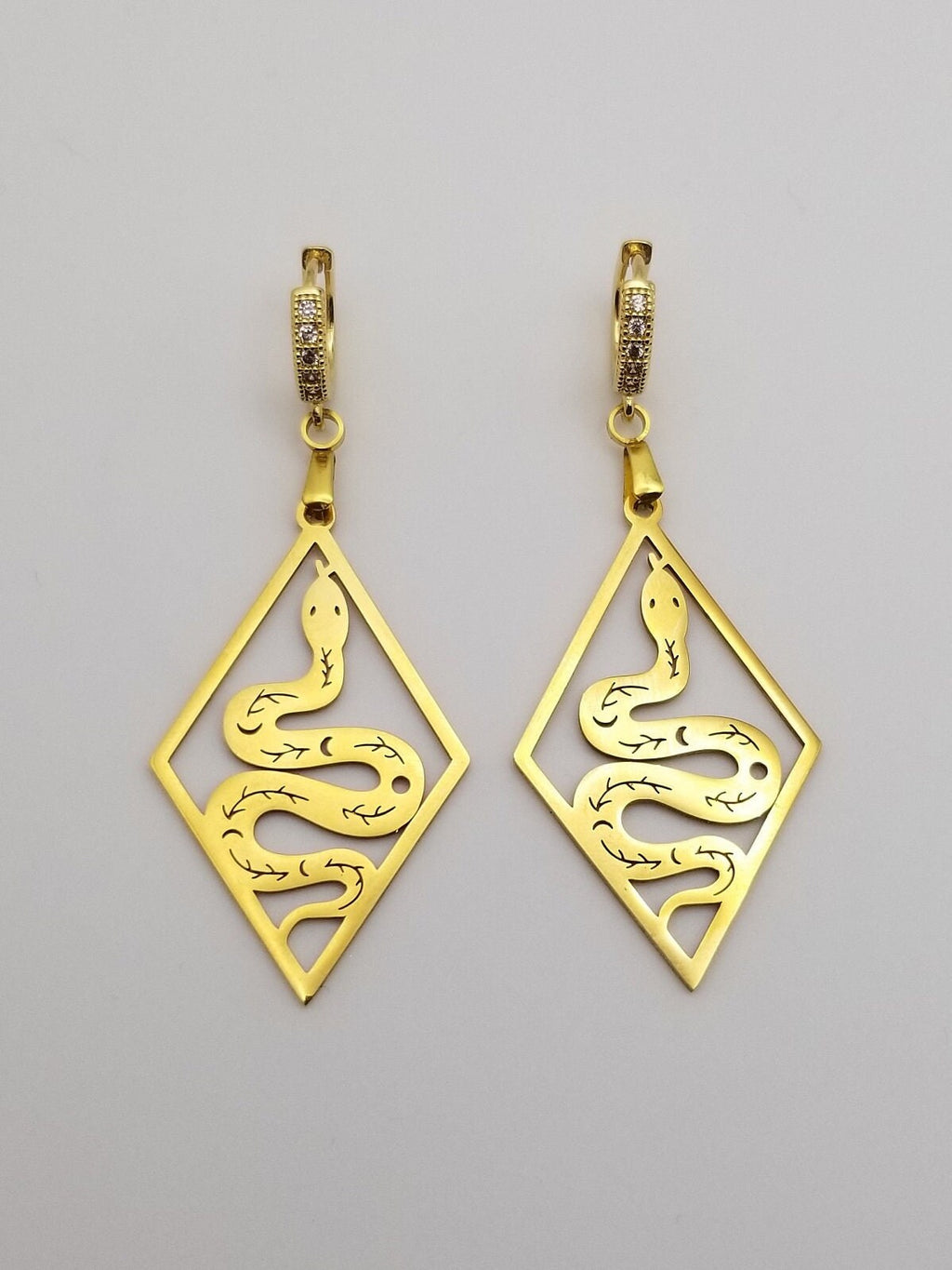 Egyptian Snake Drop Earrings, 18k Gold Plated Serpent Huggies, Waterproof Celestial Jewelry