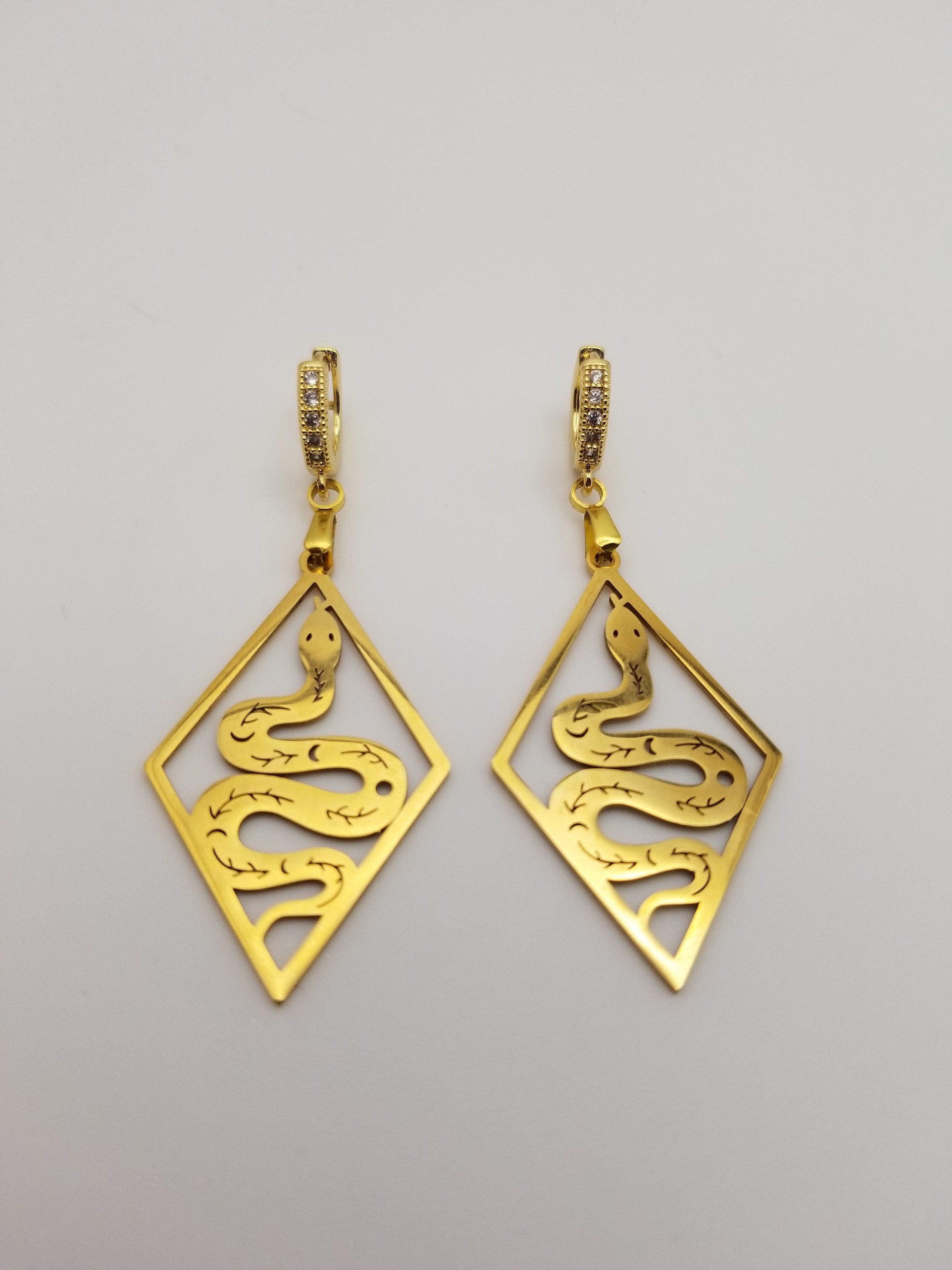 Egyptian Snake Drop Earrings, 18k Gold Plated Serpent Huggies, Waterproof Celestial Jewelry