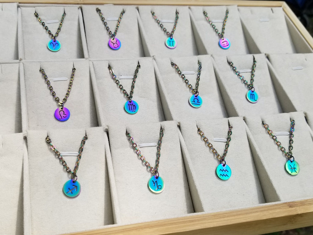 Rainbow Zodiac Charm Necklace: Waterproof Stainless Steel Astrology Pendant