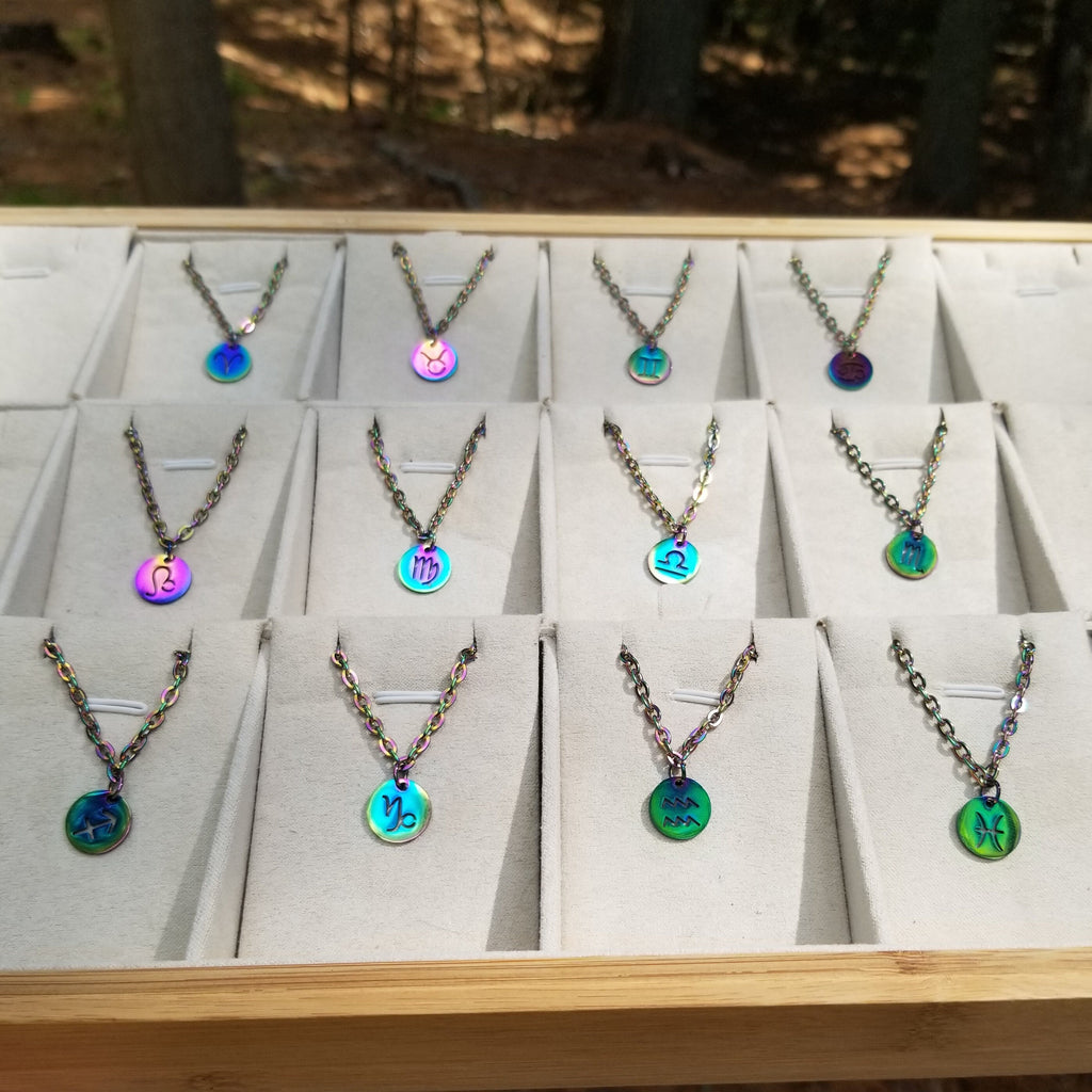 Rainbow Zodiac Charm Necklace: Waterproof Stainless Steel Astrology Pendant