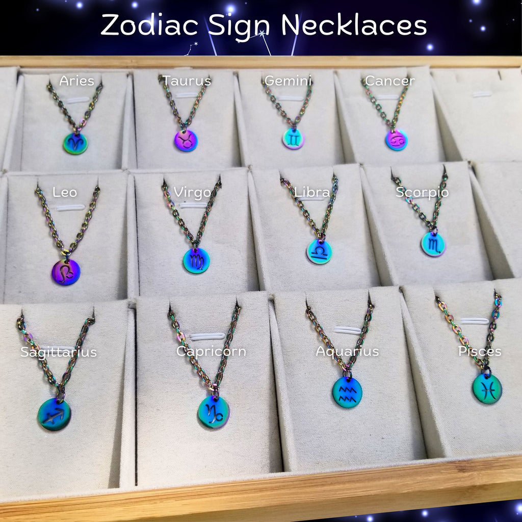 Rainbow Zodiac Charm Necklace: Waterproof Stainless Steel Astrology Pendant
