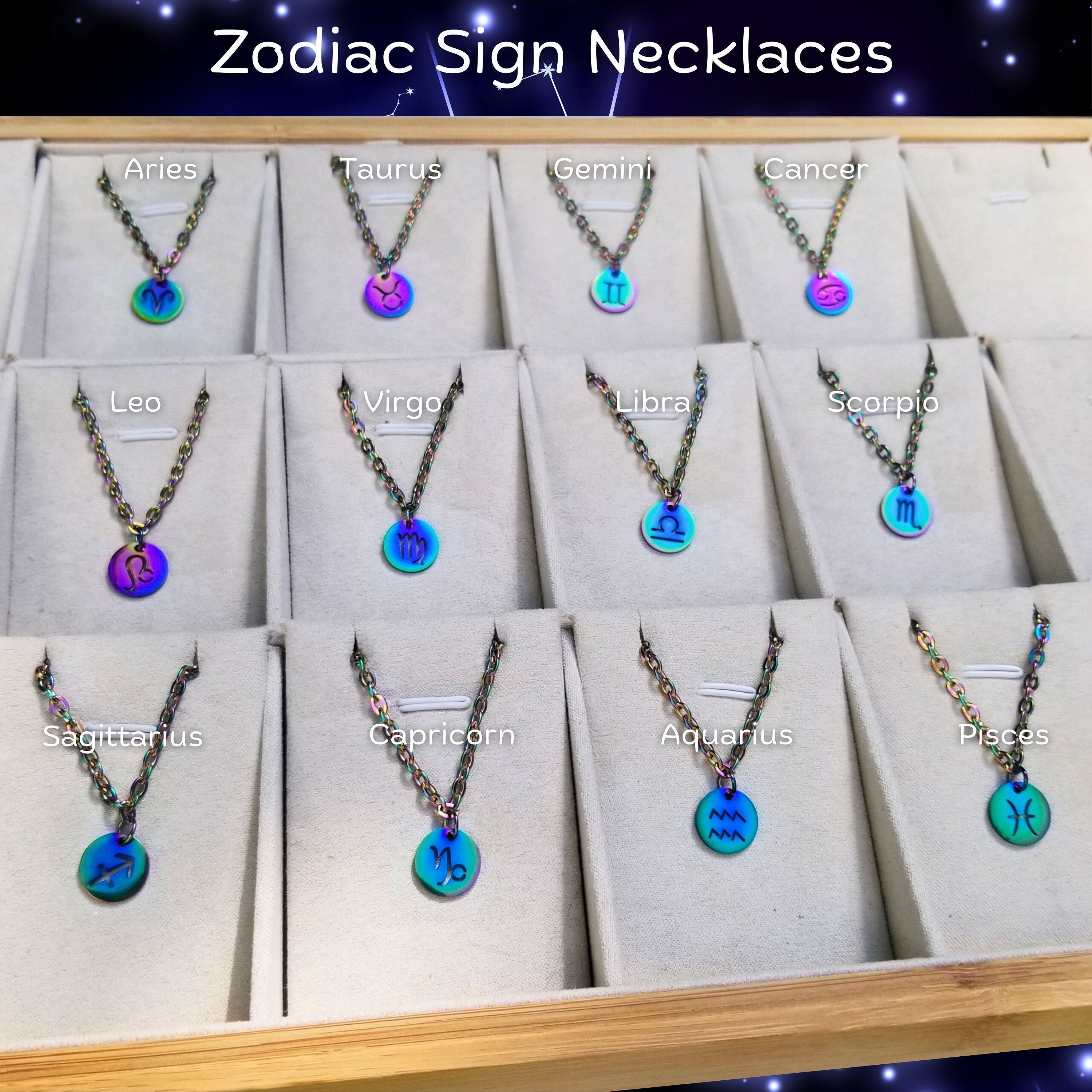 Rainbow Zodiac Charm Necklace: Waterproof Stainless Steel Astrology Pendant