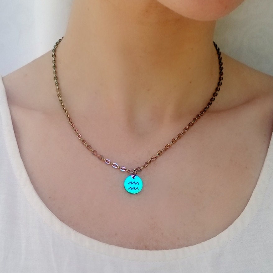 Rainbow Zodiac Charm Necklace: Waterproof Stainless Steel Astrology Pendant