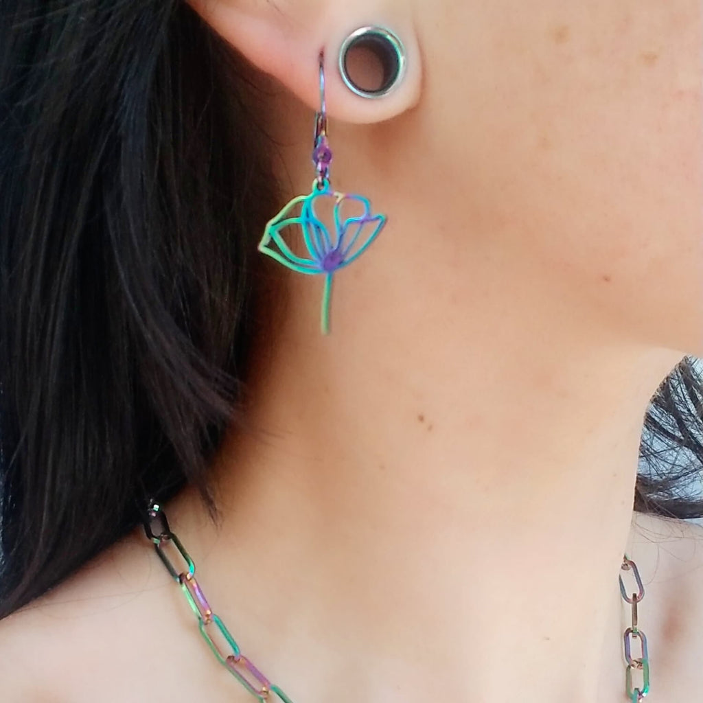 Rainbow Lotus Flower Earrings: Hypoallergenic Stainless Steel Jewelry