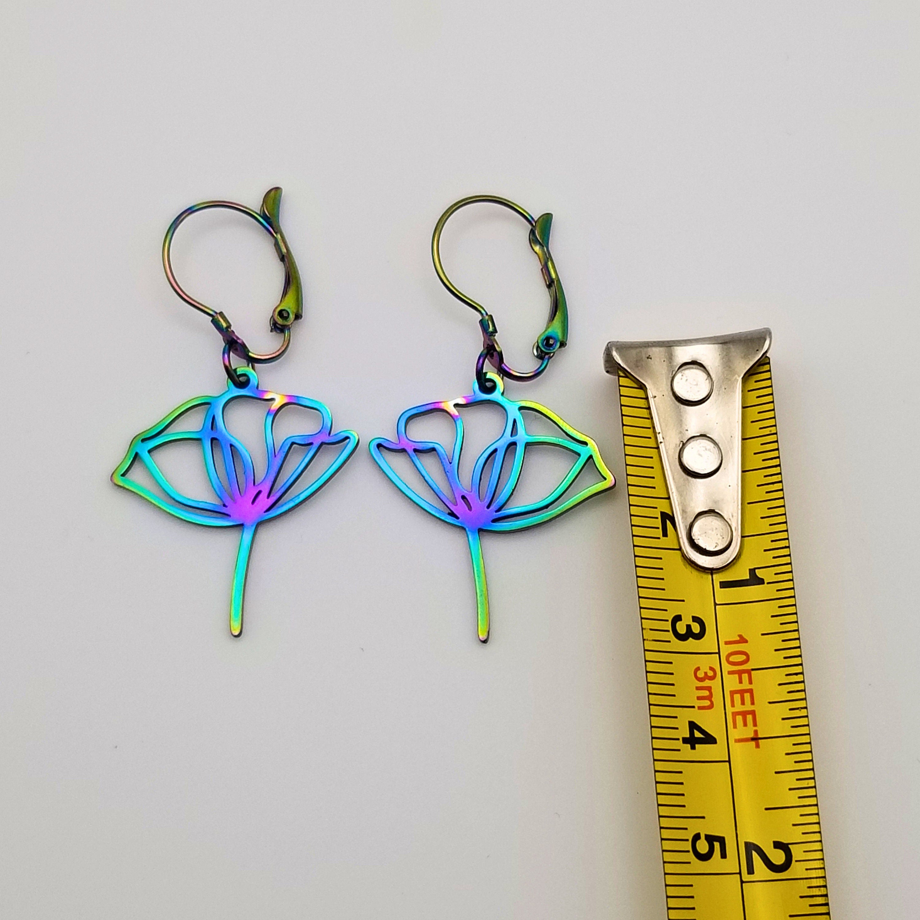 Rainbow Lotus Flower Earrings: Hypoallergenic Stainless Steel Jewelry