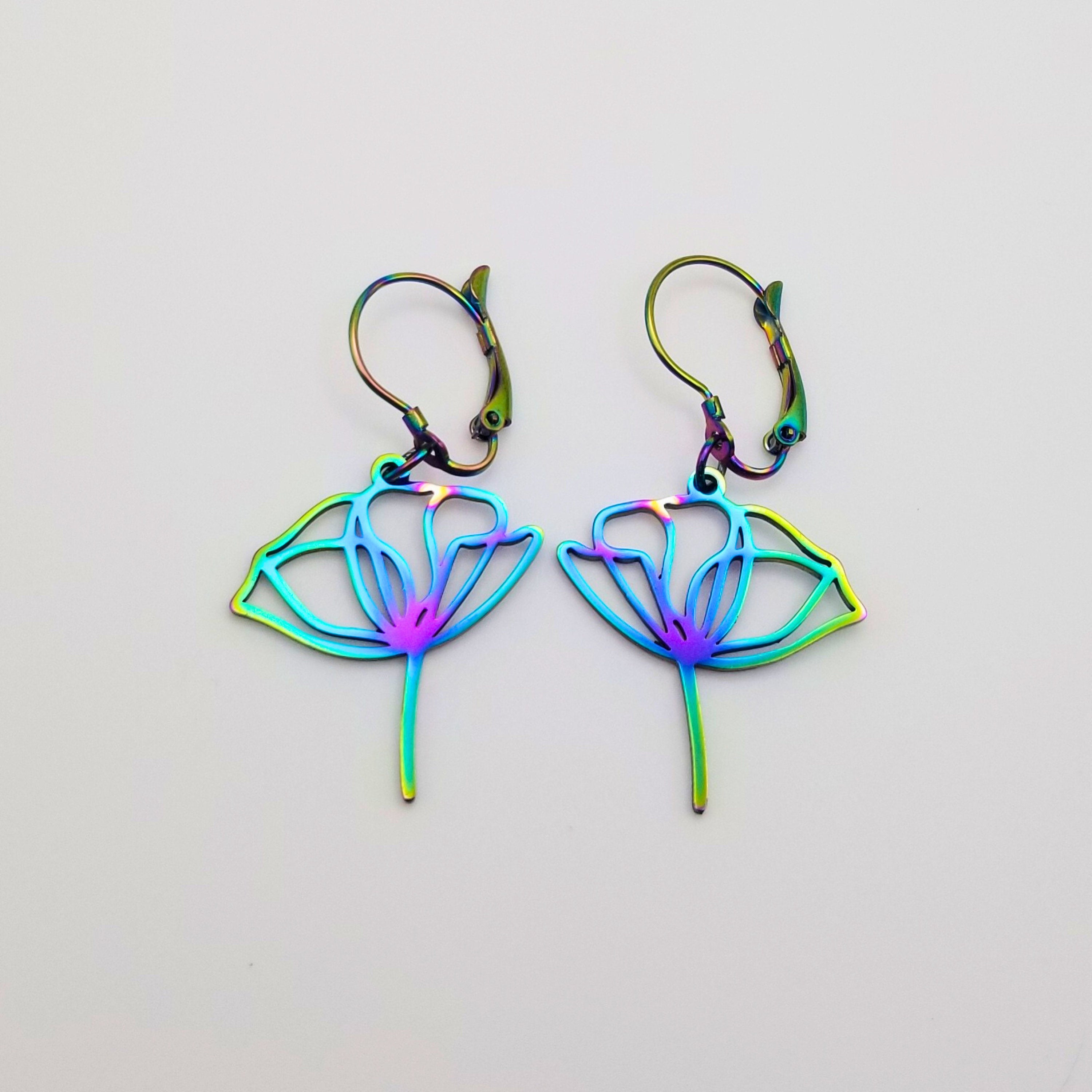 Rainbow Lotus Flower Earrings: Hypoallergenic Stainless Steel Jewelry