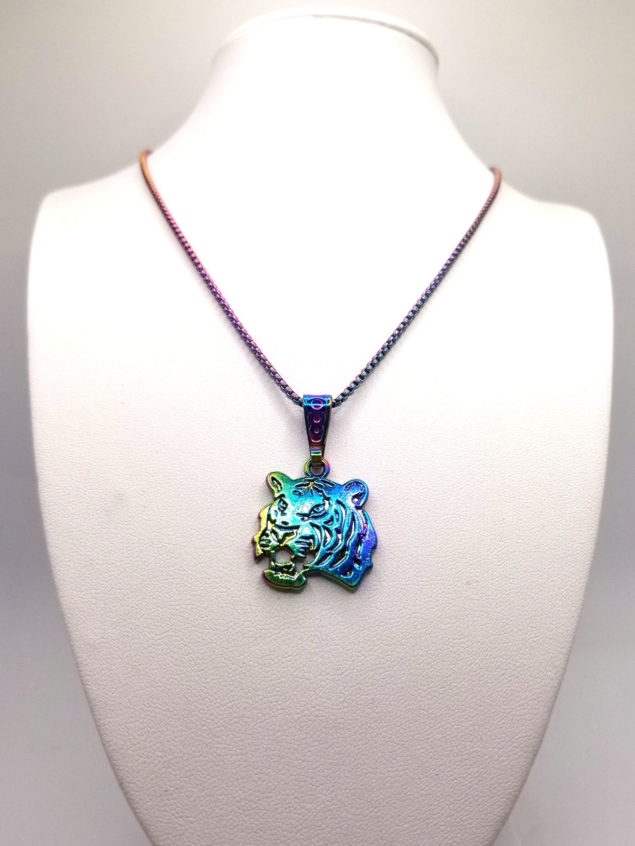 Rainbow Tiger Pendant Necklace Y2K Artisan Jewelry | Reversible Bold Style