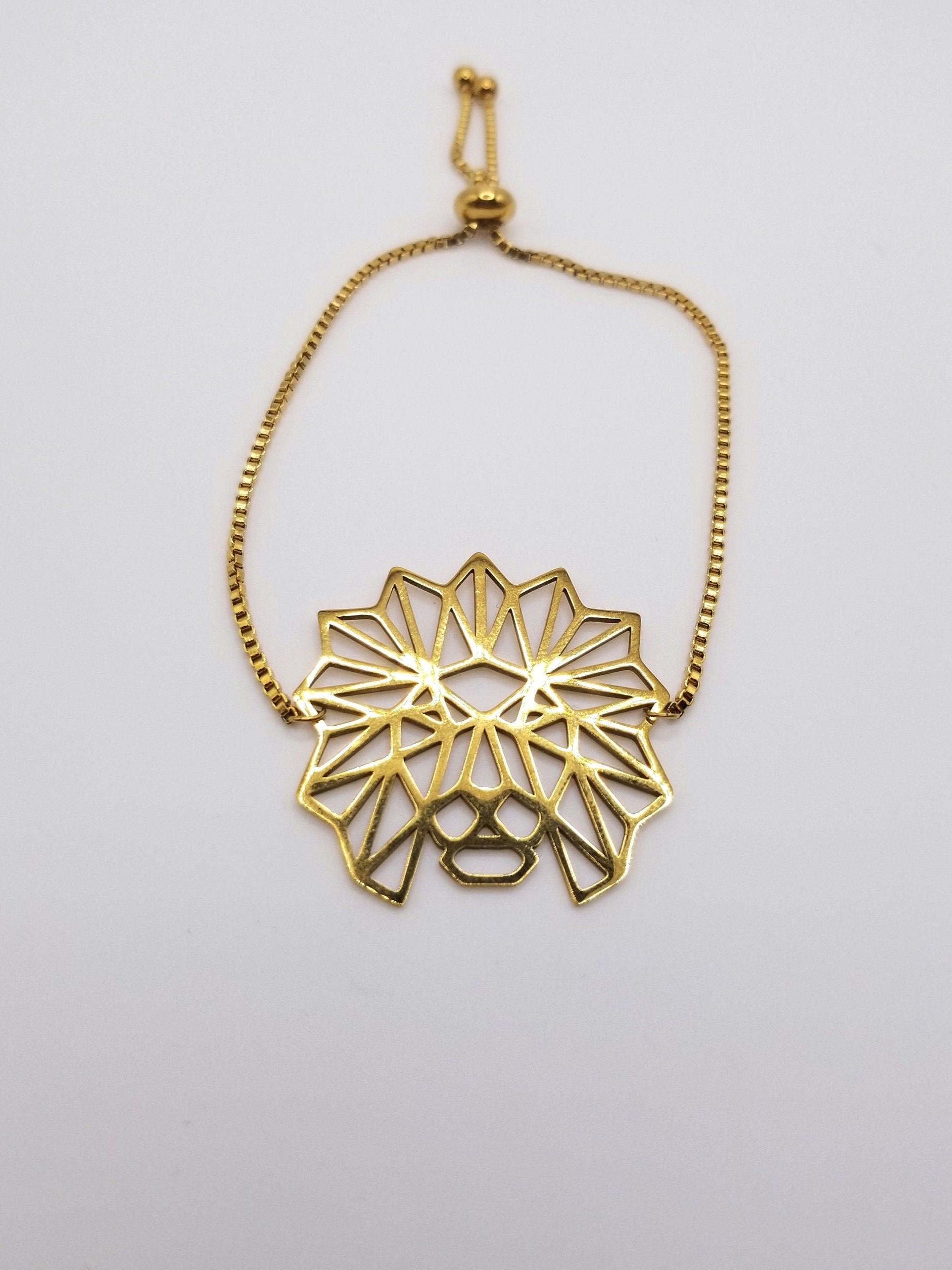 Geometric Lion of Judah Bracelet, 18k Gold Plated Stainless Steel, Waterproof Strength Jewelry