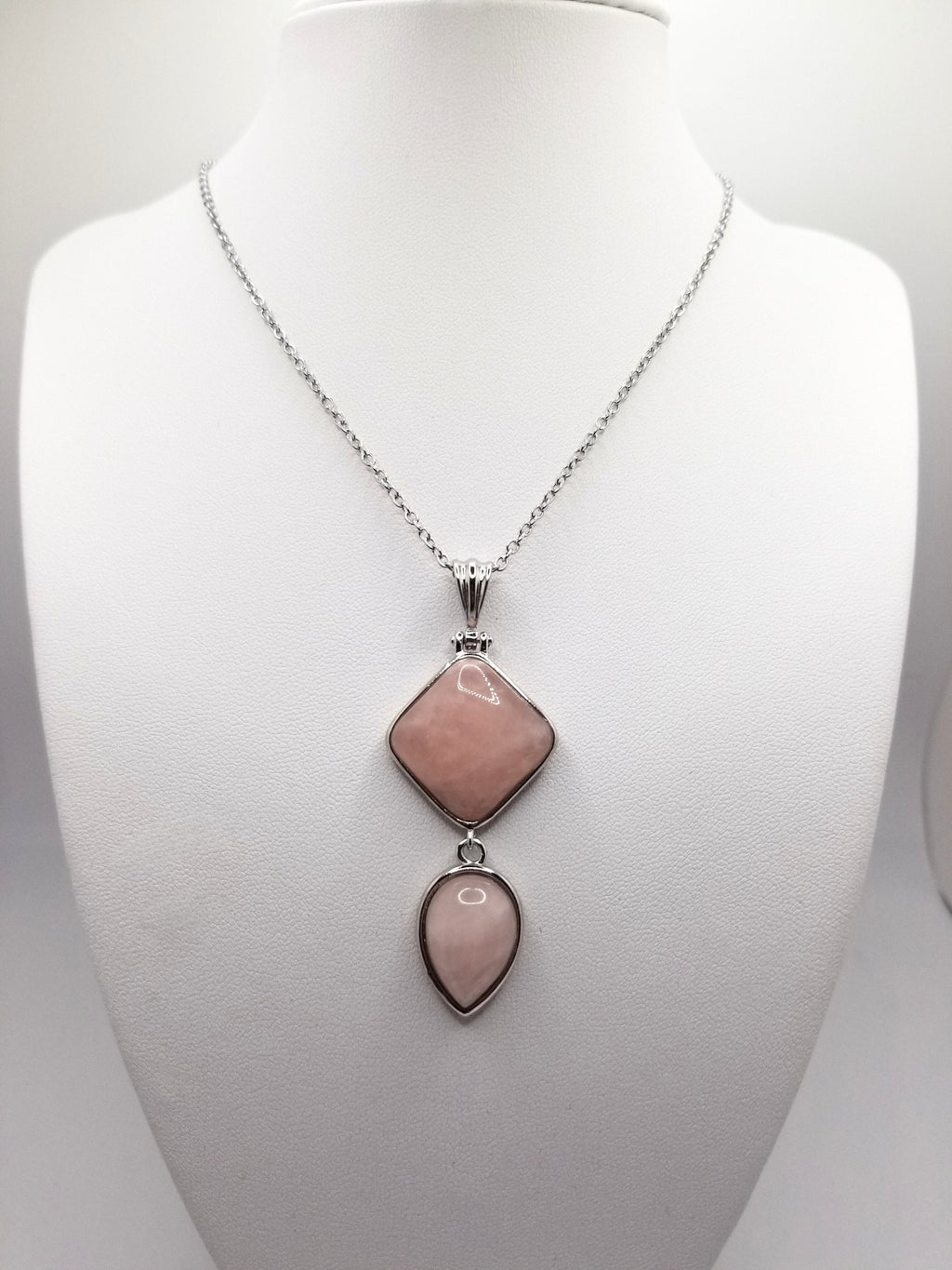 Geometric Rose Quartz Pendant: Stainless Steel Teardrop Necklace