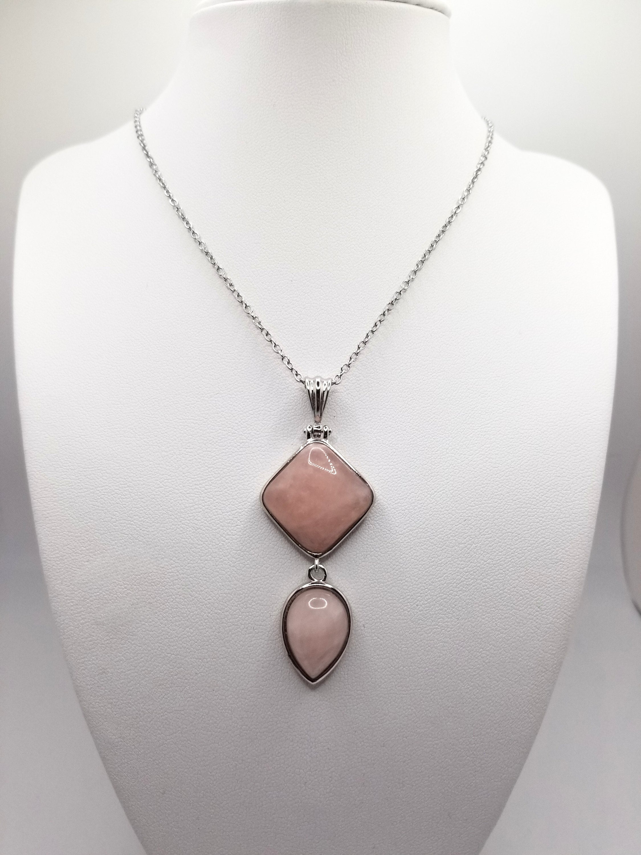 Geometric Rose Quartz Pendant: Stainless Steel Teardrop Necklace
