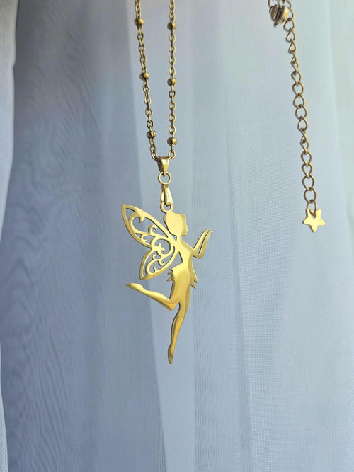 18k Gold Fairy Necklace, Tinkerbell Pendant, Satellite Chain, Waterproof Whimsical Jewelry