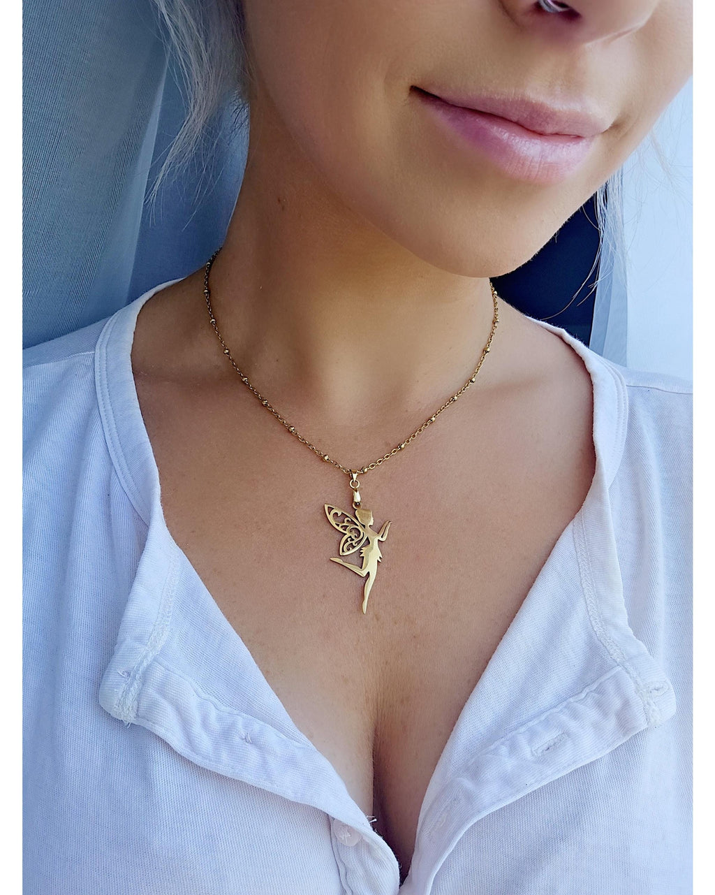 18k Gold Fairy Necklace, Tinkerbell Pendant, Satellite Chain, Waterproof Whimsical Jewelry