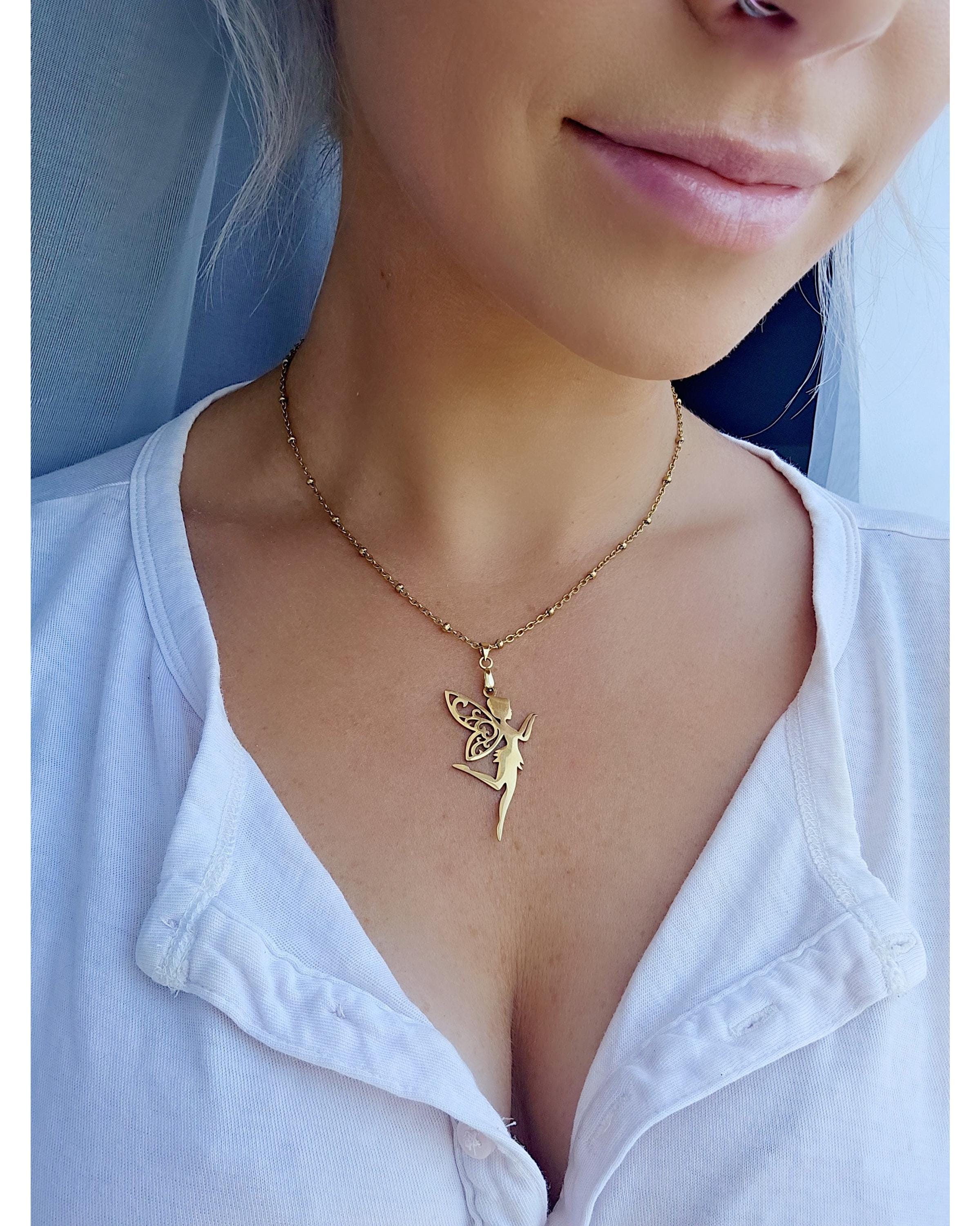 18k Gold Fairy Necklace, Tinkerbell Pendant, Satellite Chain, Waterproof Whimsical Jewelry
