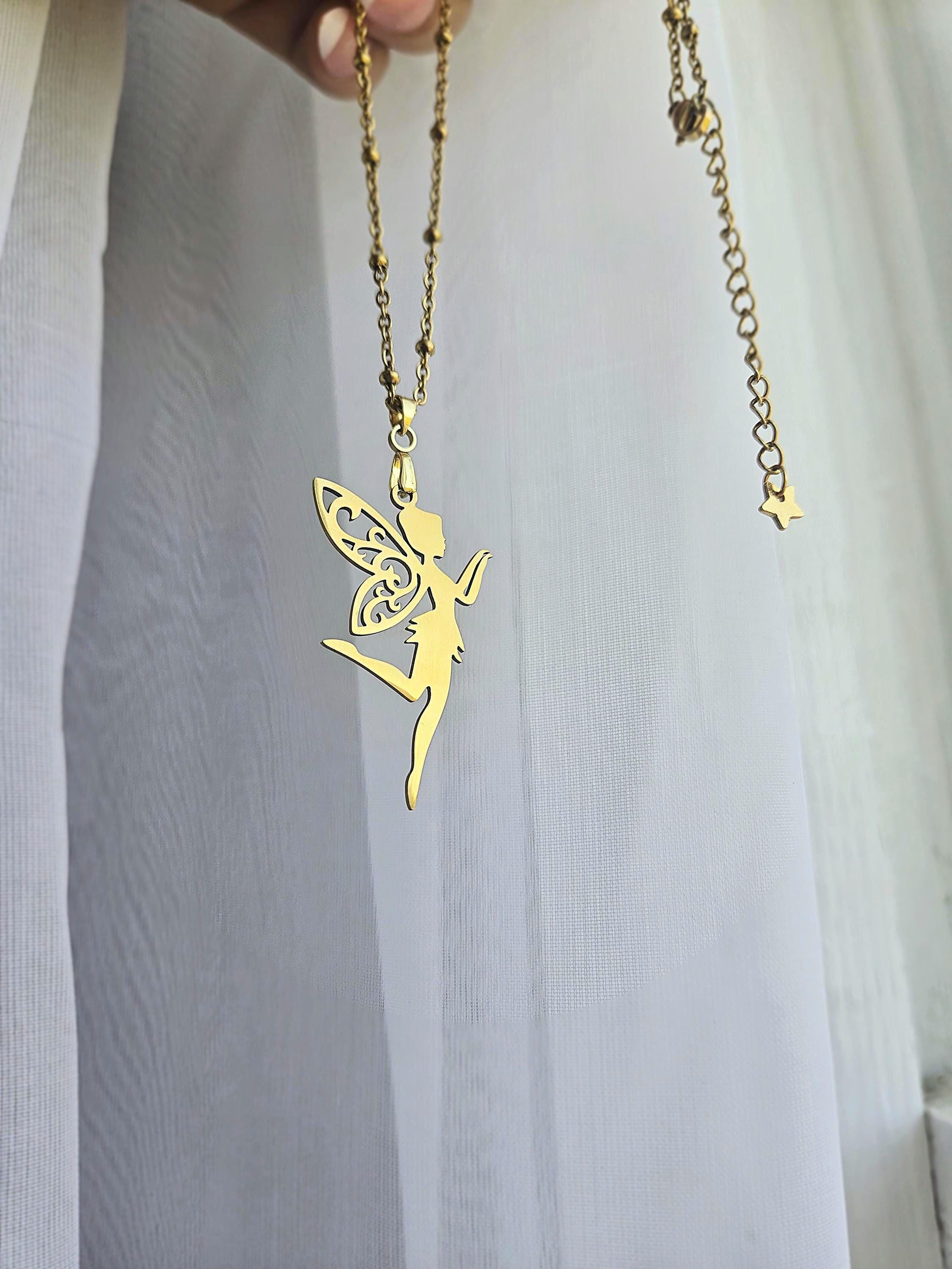 18k Gold Fairy Necklace, Tinkerbell Pendant, Satellite Chain, Waterproof Whimsical Jewelry