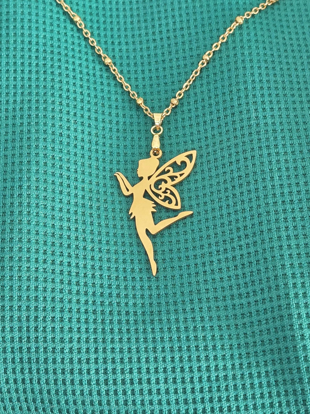 18k Gold Fairy Necklace, Tinkerbell Pendant, Satellite Chain, Waterproof Whimsical Jewelry