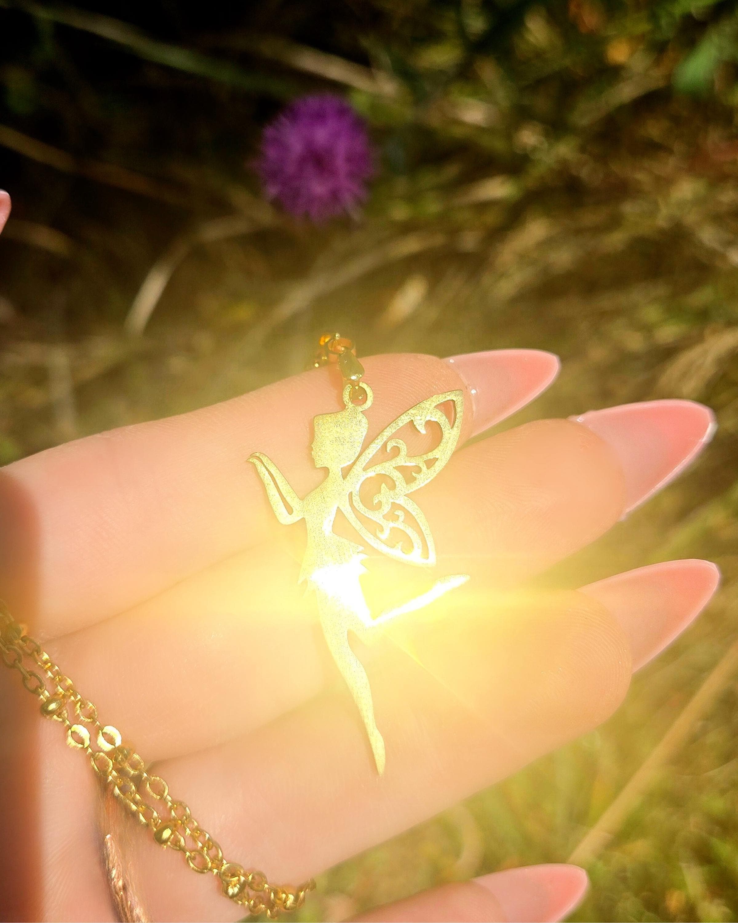 18k Gold Fairy Necklace, Tinkerbell Pendant, Satellite Chain, Waterproof Whimsical Jewelry