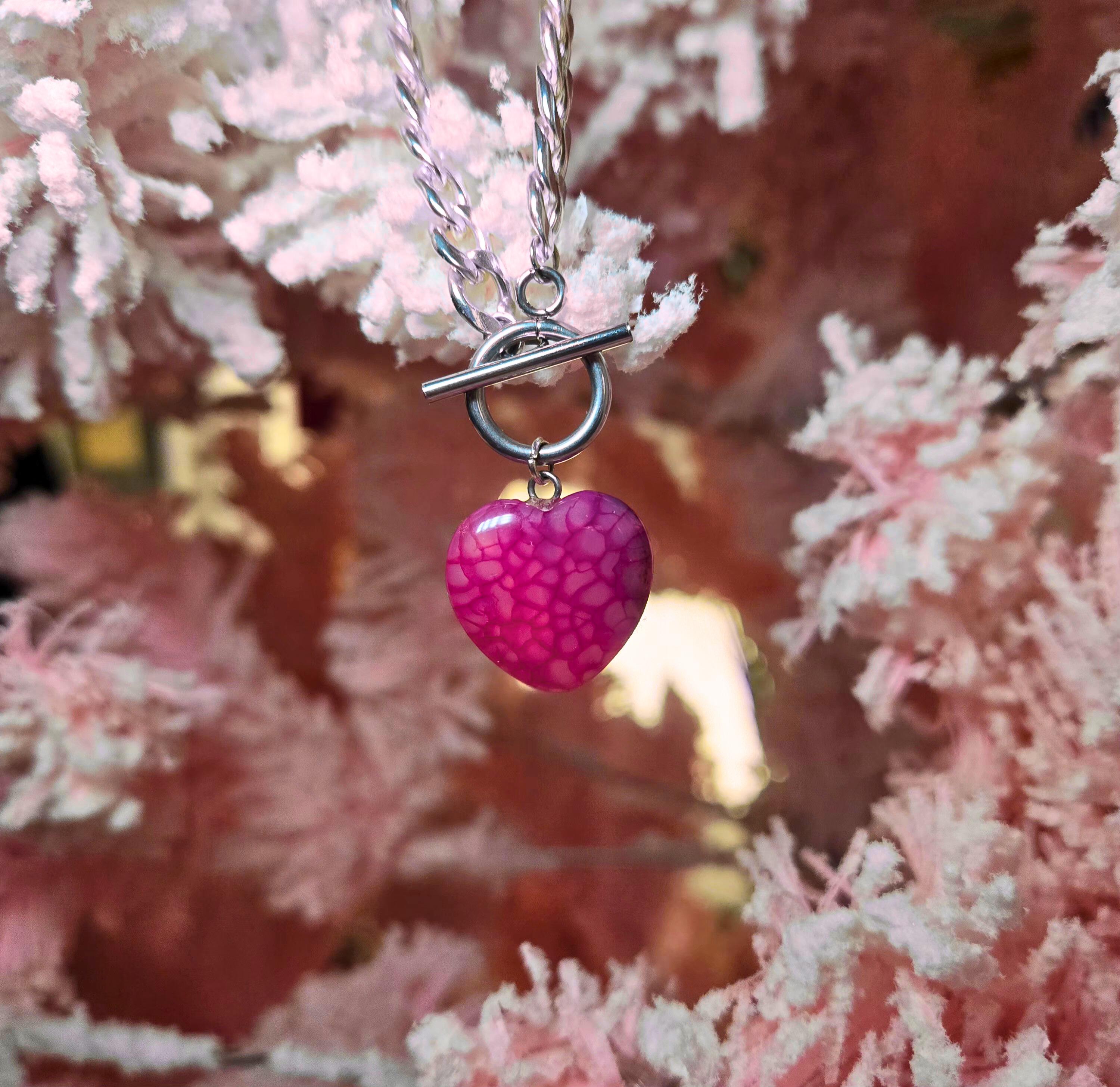 Pink Dragon Vein Agate Heart Necklace, Silver Toggle Cuban Chain