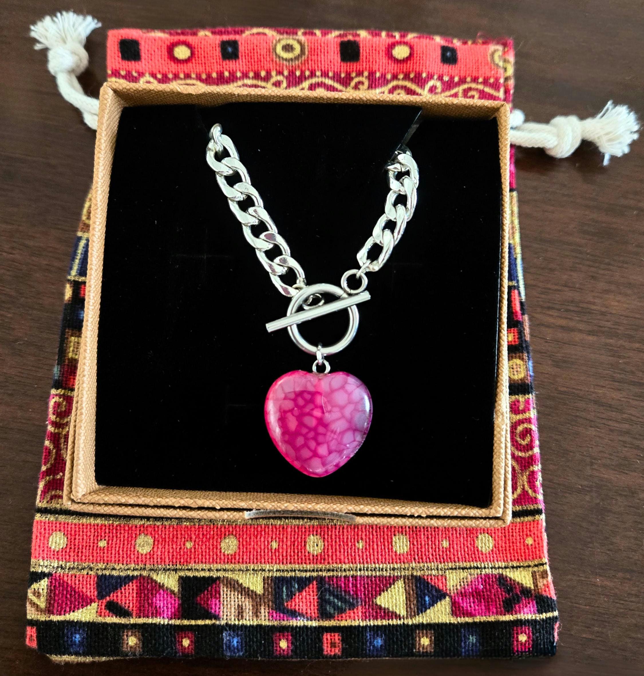 Pink Dragon Vein Agate Heart Necklace, Silver Toggle Cuban Chain