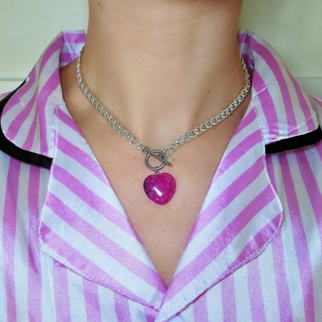 Pink Dragon Vein Agate Heart Necklace, Silver Toggle Cuban Chain