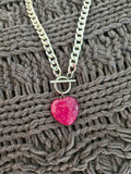 Pink Dragon Vein Agate Heart Necklace, Silver Toggle Cuban Chain