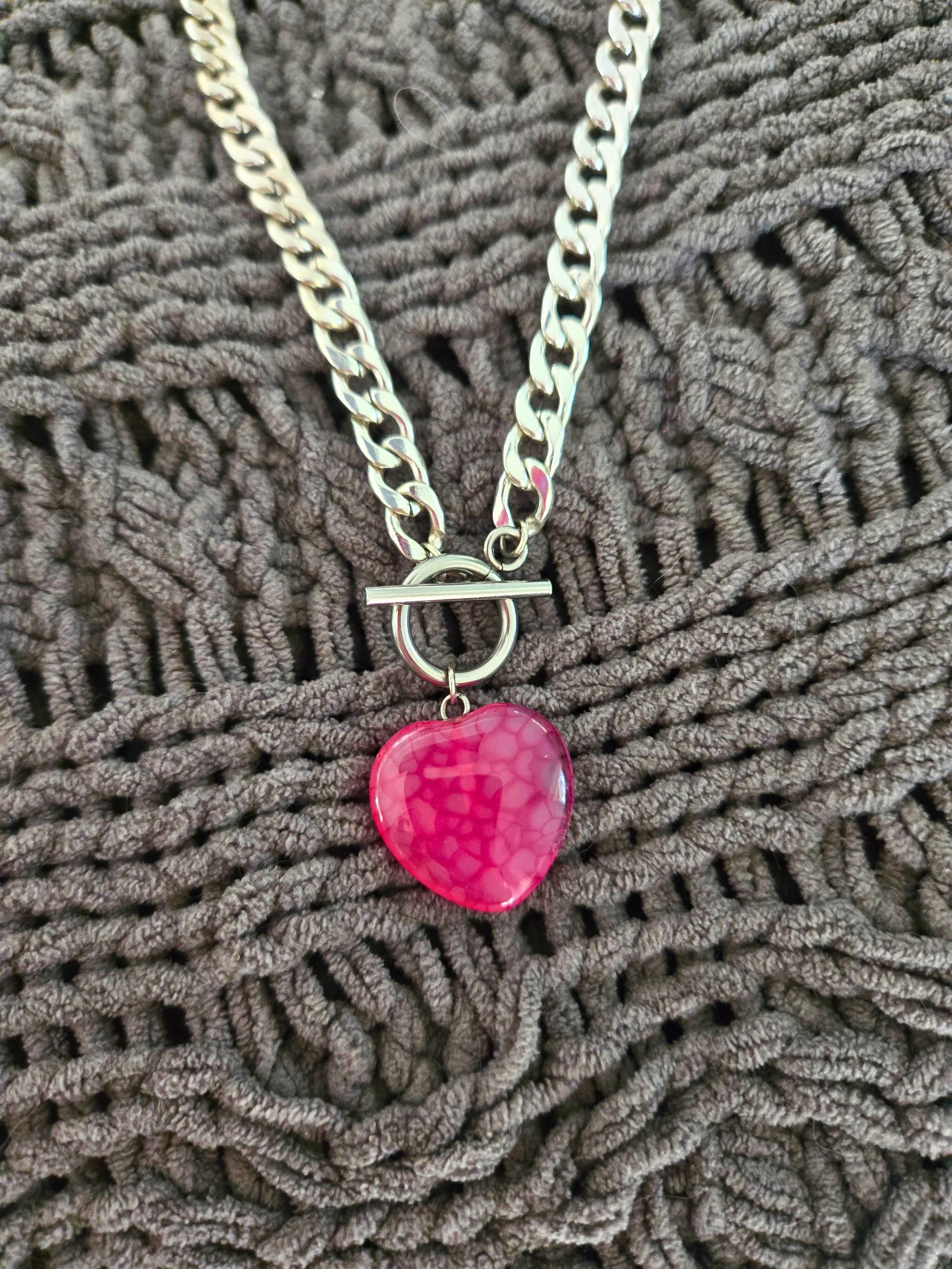 Pink Dragon Vein Agate Heart Necklace, Silver Toggle Cuban Chain