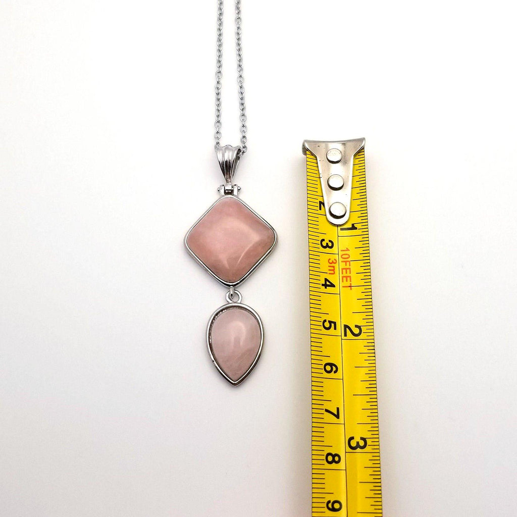 Geometric Rose Quartz Pendant: Stainless Steel Teardrop Necklace