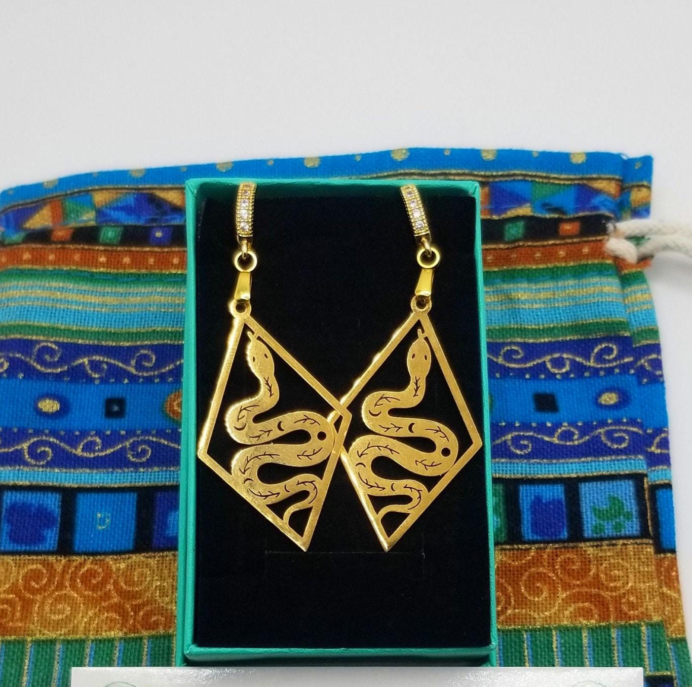 Egyptian Snake Drop Earrings, 18k Gold Plated Serpent Huggies, Waterproof Celestial Jewelry