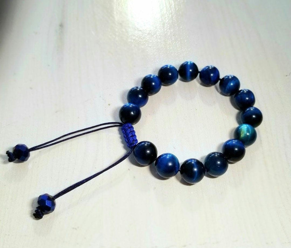 Blue Tiger's Eye Macrame Bracelet, Natural Protection Stone, Adjustable Beaded Jewelry