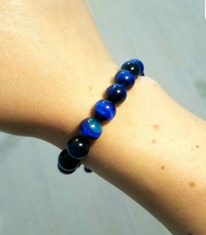 Blue Tiger's Eye Macrame Bracelet, Natural Protection Stone, Adjustable Beaded Jewelry
