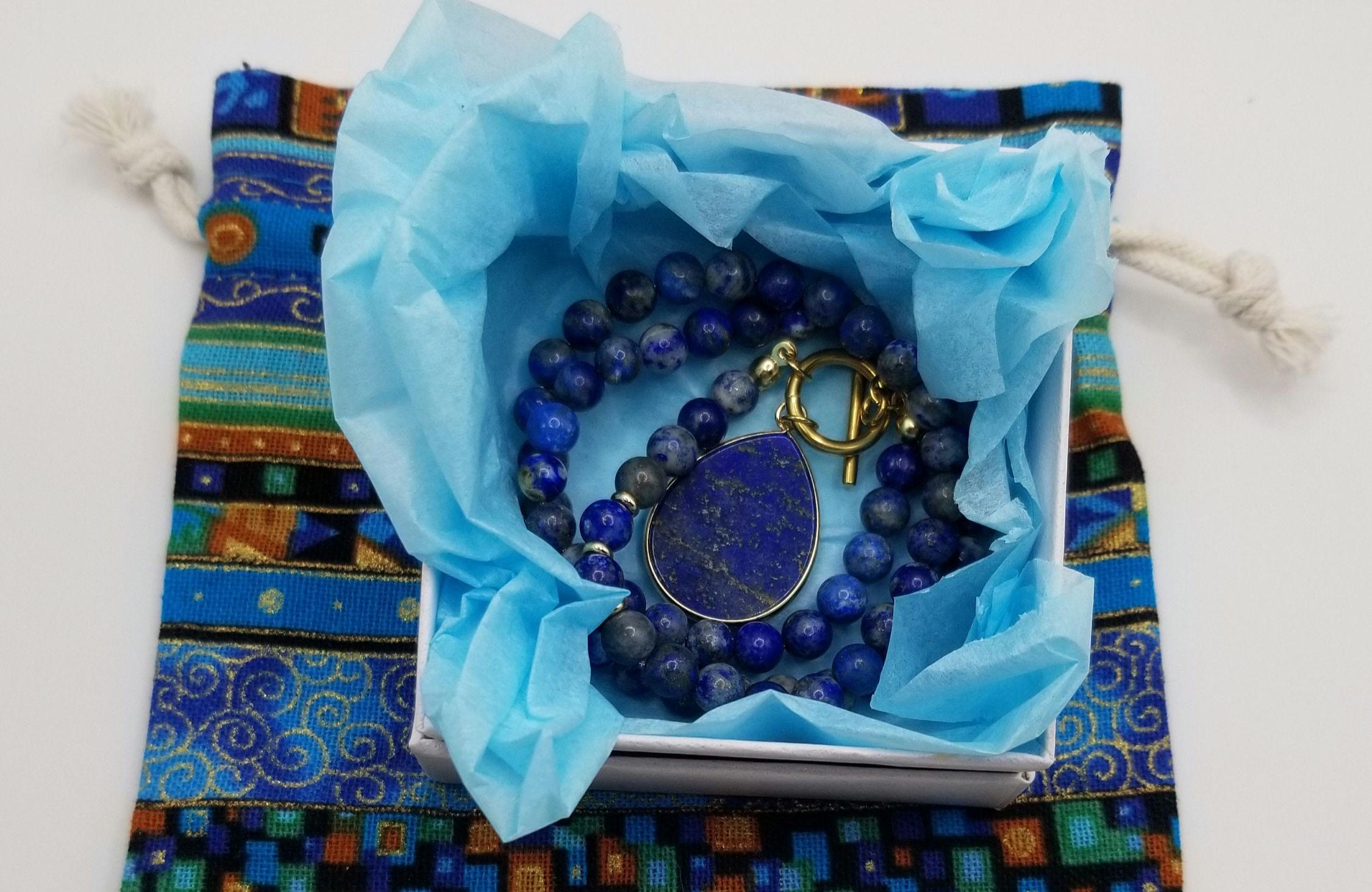 Lapis Lazuli Beaded Choker – Teardrop Pendant, 18k Gold Toggle Necklace