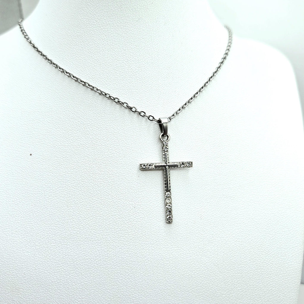 Crystal Rhinestone Cross Necklace - Stainless Steel Silver Crucifix for Women - Hypoallergenic Christian Jewelry