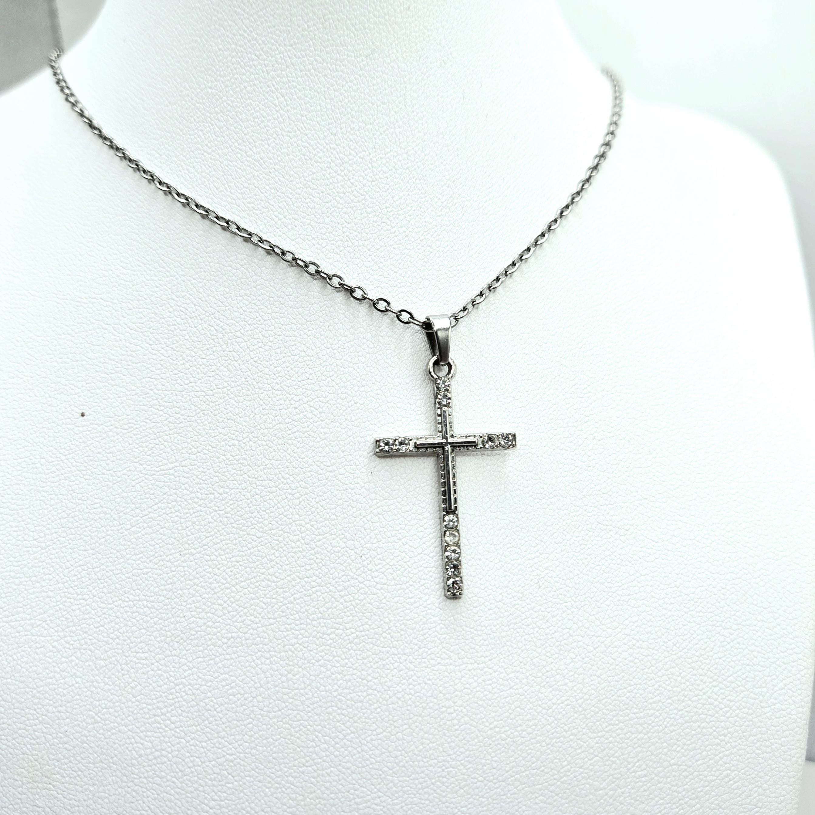 Crystal Rhinestone Cross Necklace - Stainless Steel Silver Crucifix for Women - Hypoallergenic Christian Jewelry