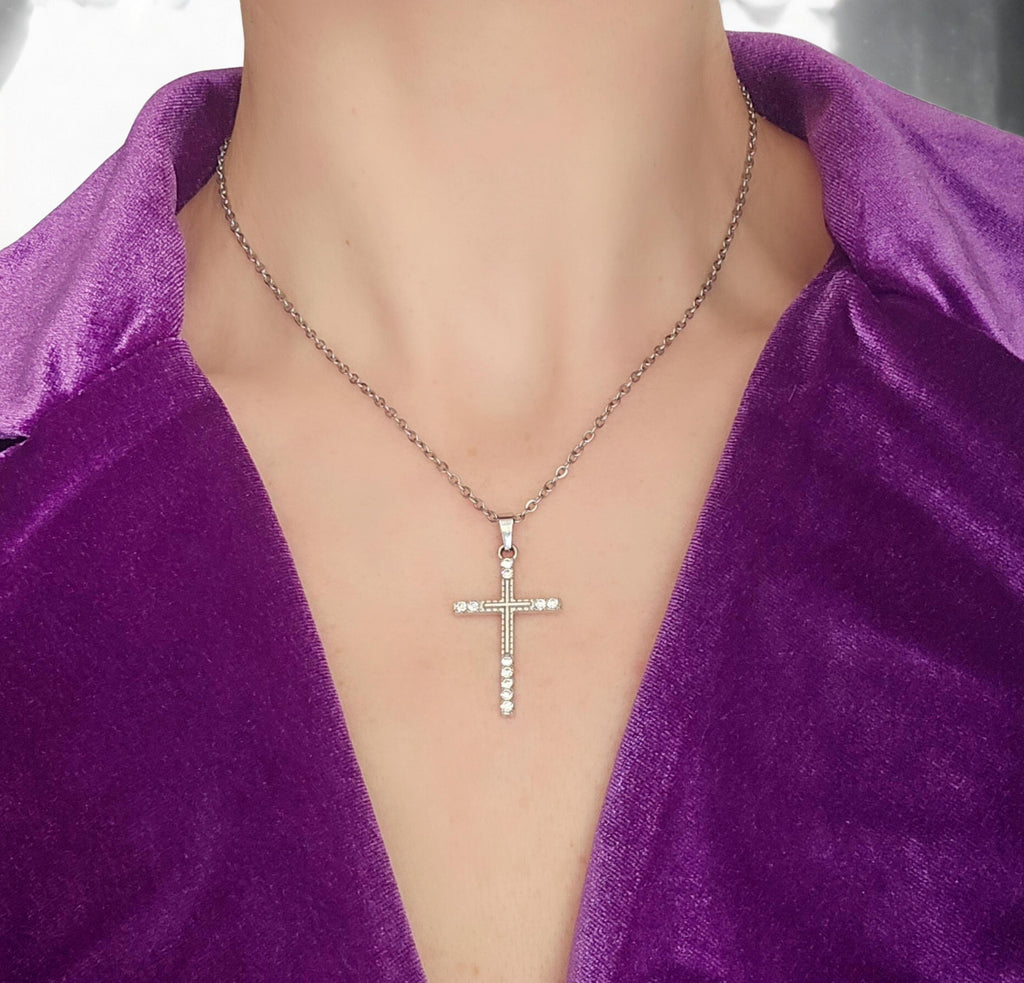 Crystal Rhinestone Cross Necklace - Stainless Steel Silver Crucifix for Women - Hypoallergenic Christian Jewelry