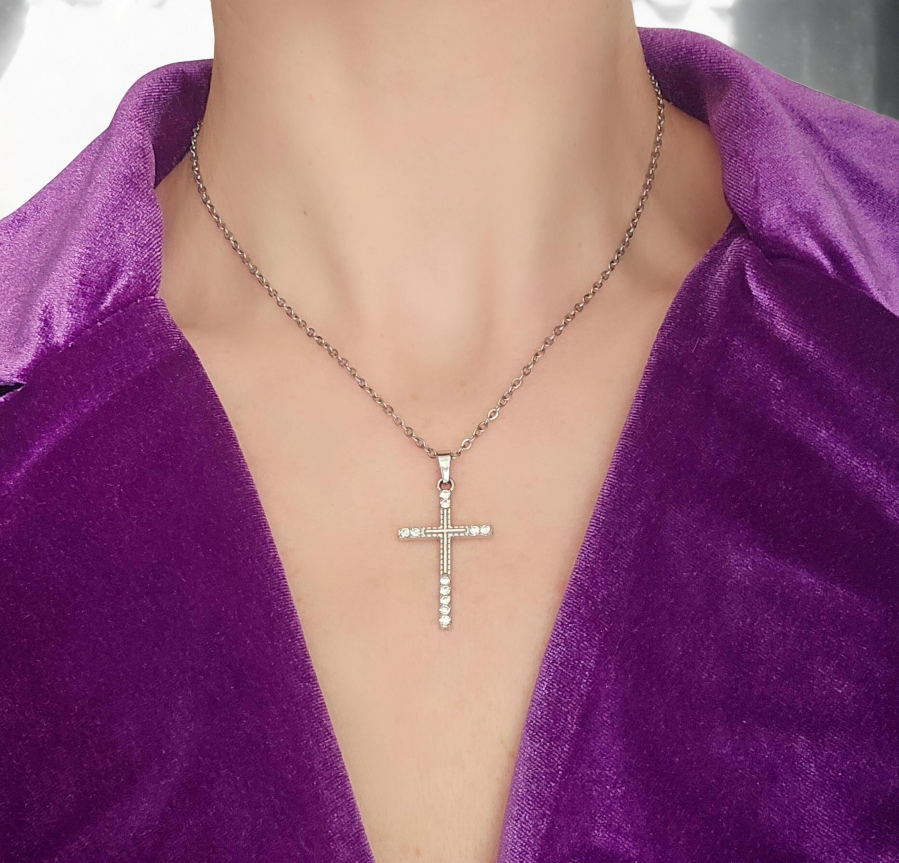 Crystal Rhinestone Cross Necklace - Stainless Steel Silver Crucifix for Women - Hypoallergenic Christian Jewelry