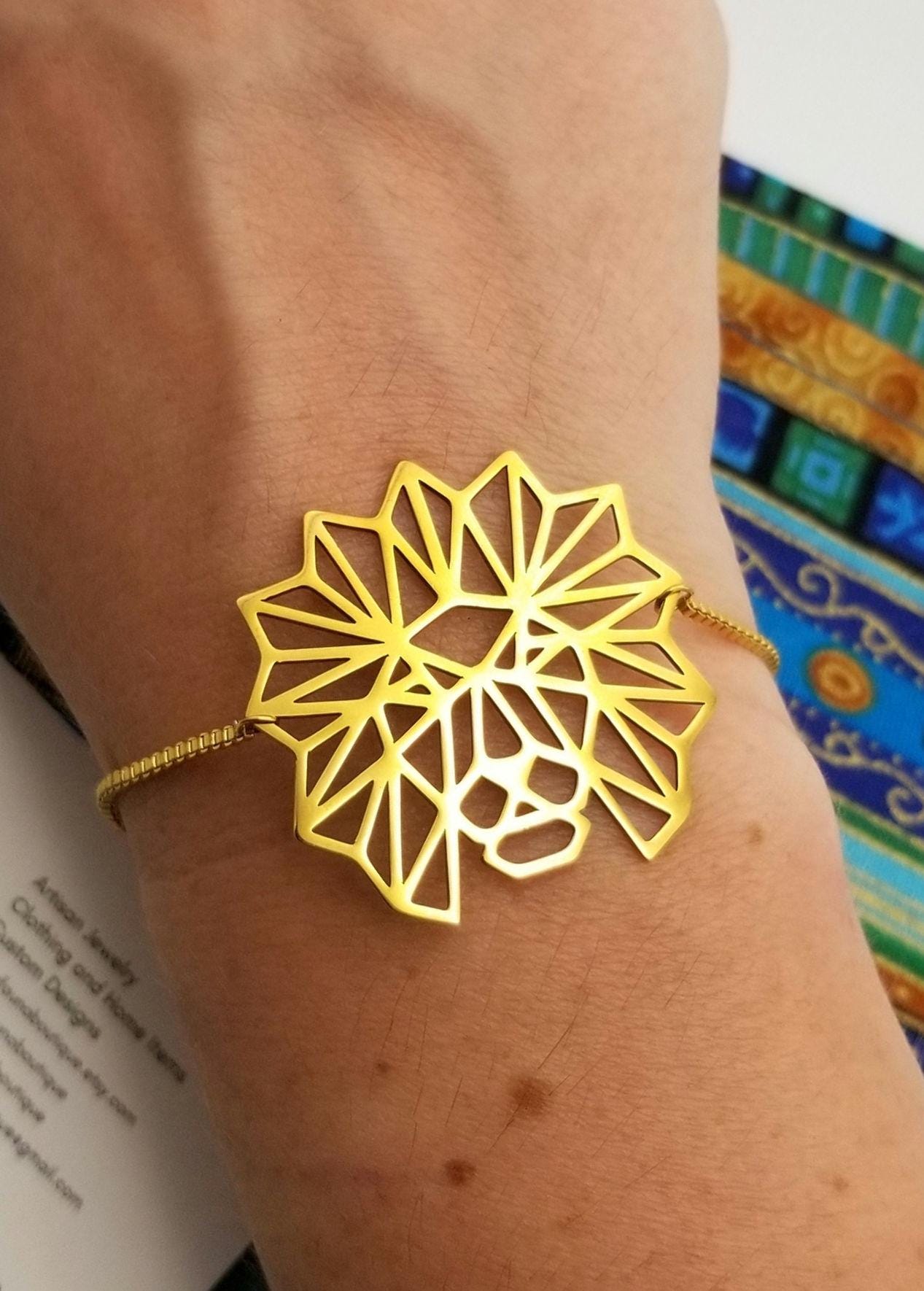 Geometric Lion of Judah Bracelet, 18k Gold Plated Stainless Steel, Waterproof Strength Jewelry