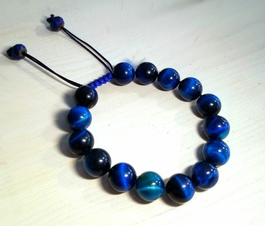 Blue Tiger's Eye Macrame Bracelet, Natural Protection Stone, Adjustable Beaded Jewelry