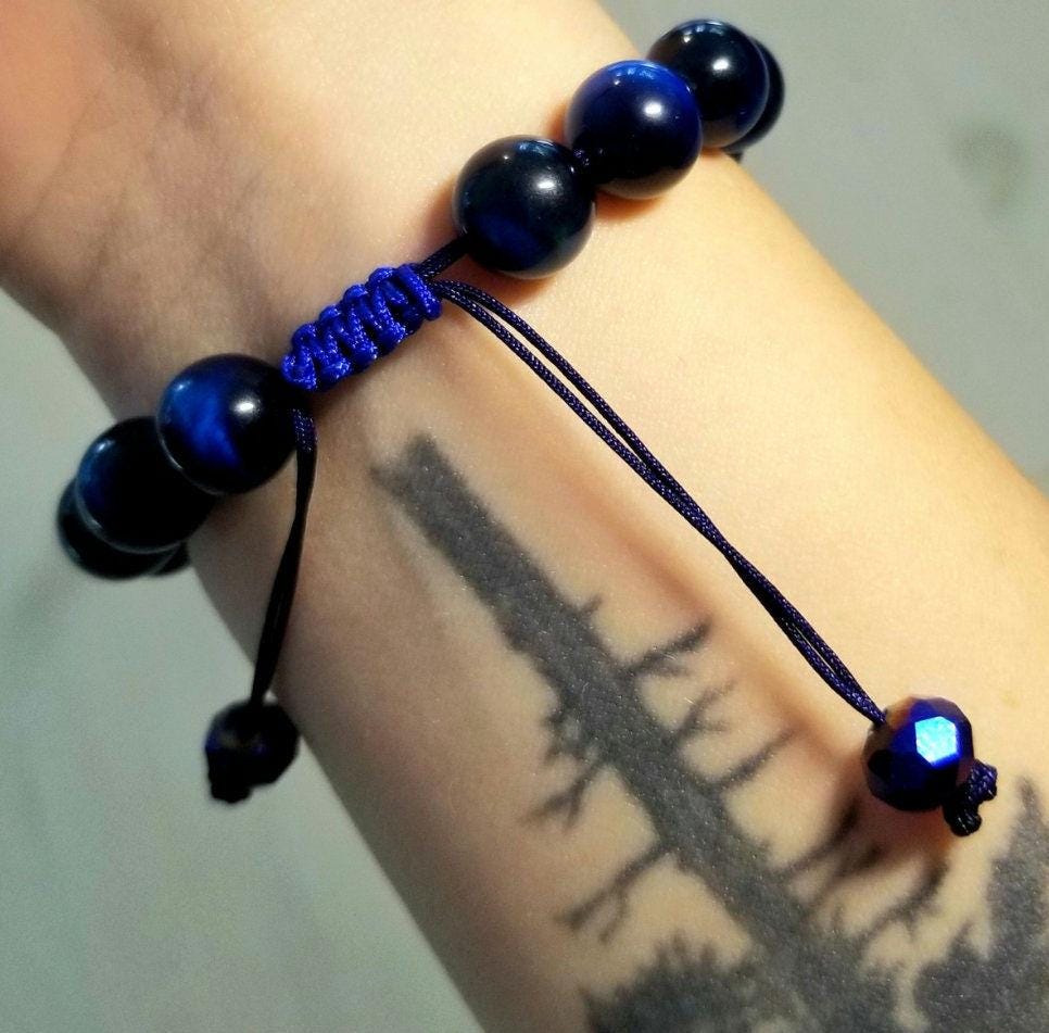 Blue Tiger's Eye Macrame Bracelet, Natural Protection Stone, Adjustable Beaded Jewelry