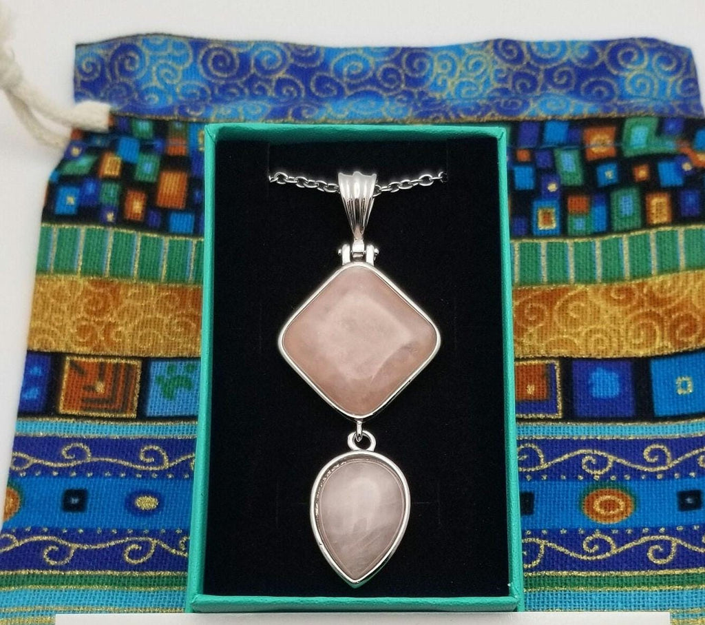 Geometric Rose Quartz Pendant: Stainless Steel Teardrop Necklace