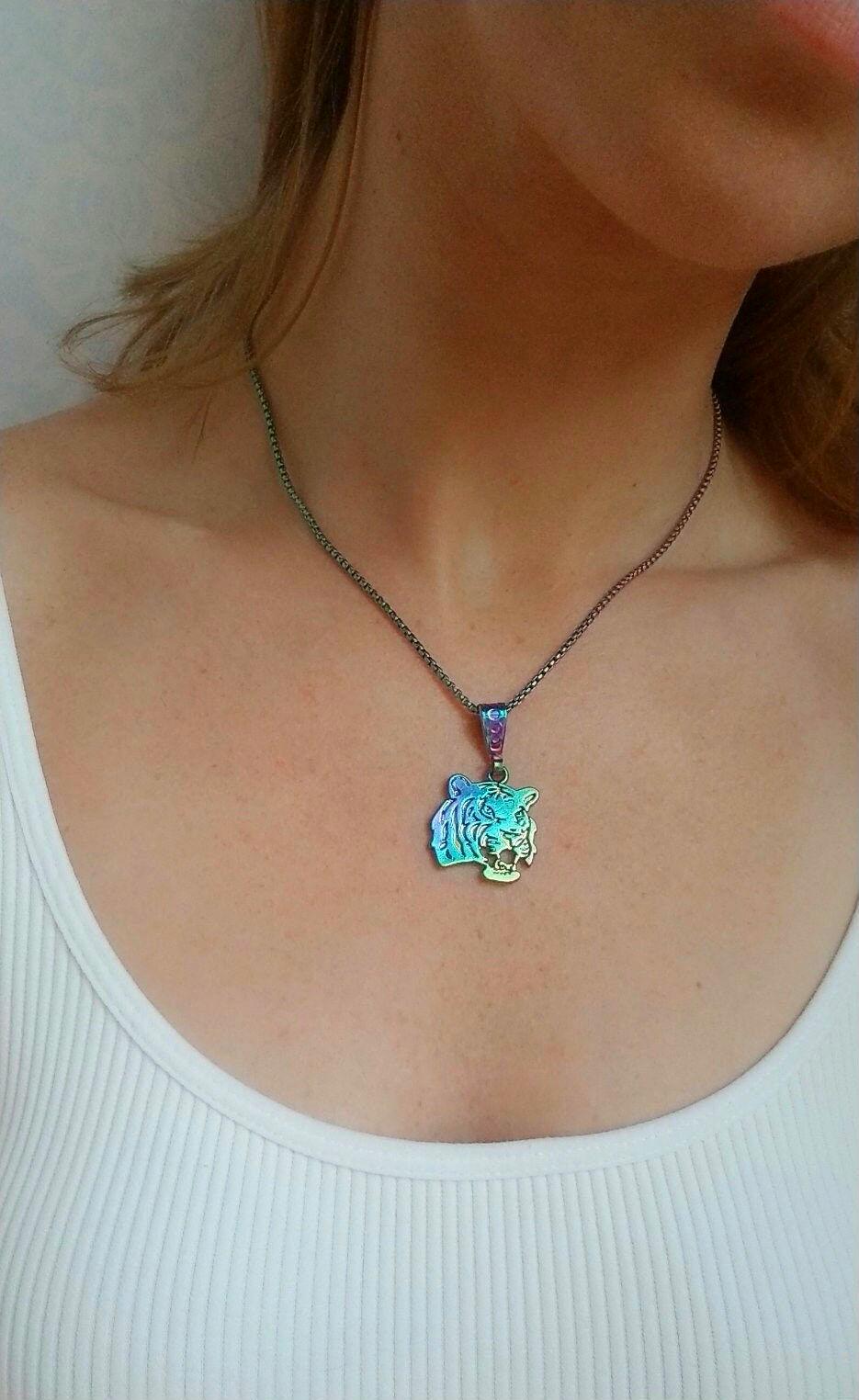 Rainbow Tiger Pendant Necklace Y2K Artisan Jewelry | Reversible Bold Style