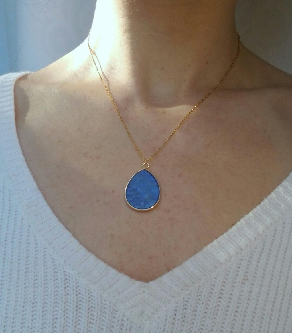 Lapis Lazuli Pendant Necklace 18k Gold Plate Teardrop Shape