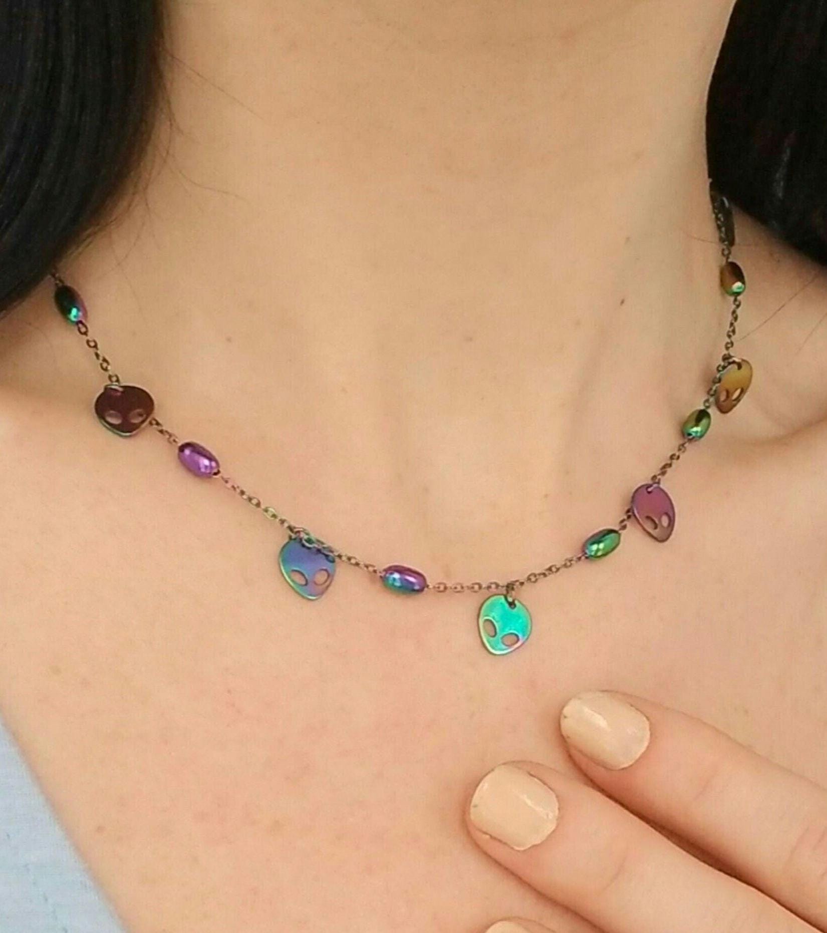 Y2K Alien Charm Necklace: Rainbow Stainless Steel, Space Gift