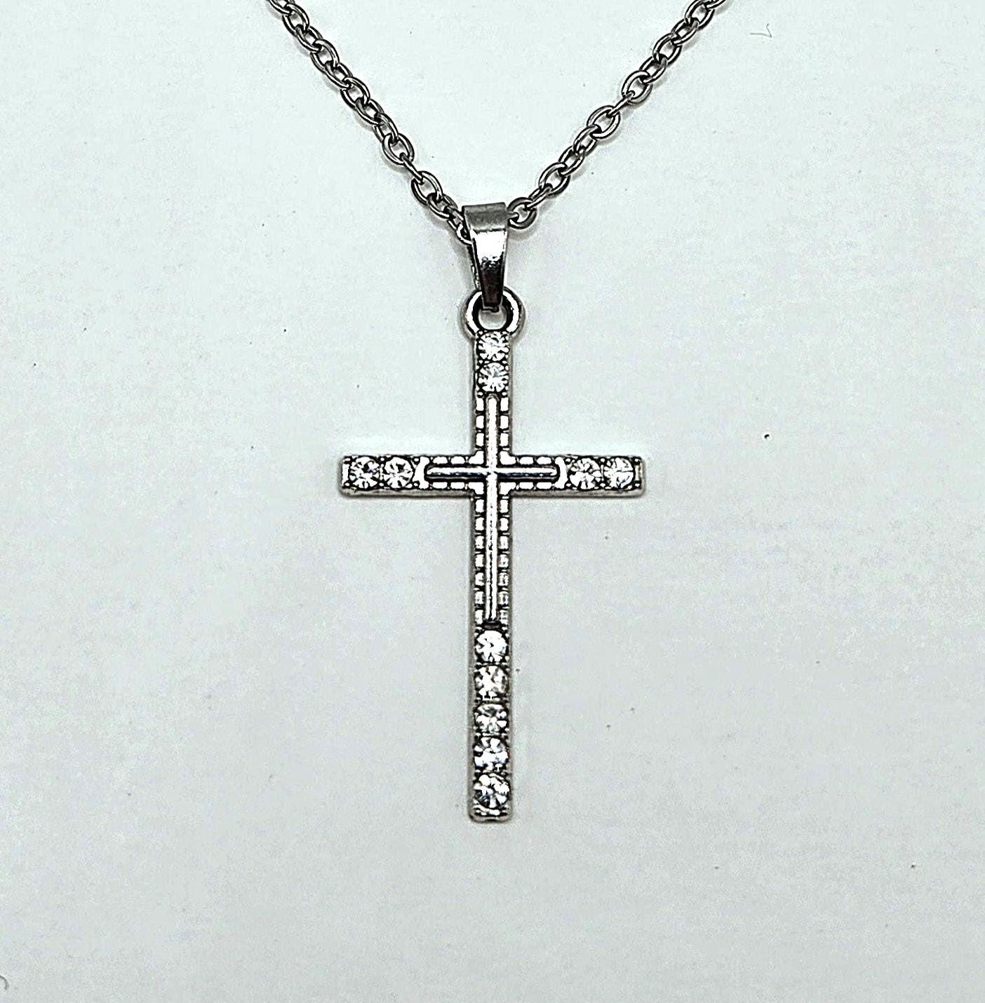 Crystal Rhinestone Cross Necklace - Stainless Steel Silver Crucifix for Women - Hypoallergenic Christian Jewelry
