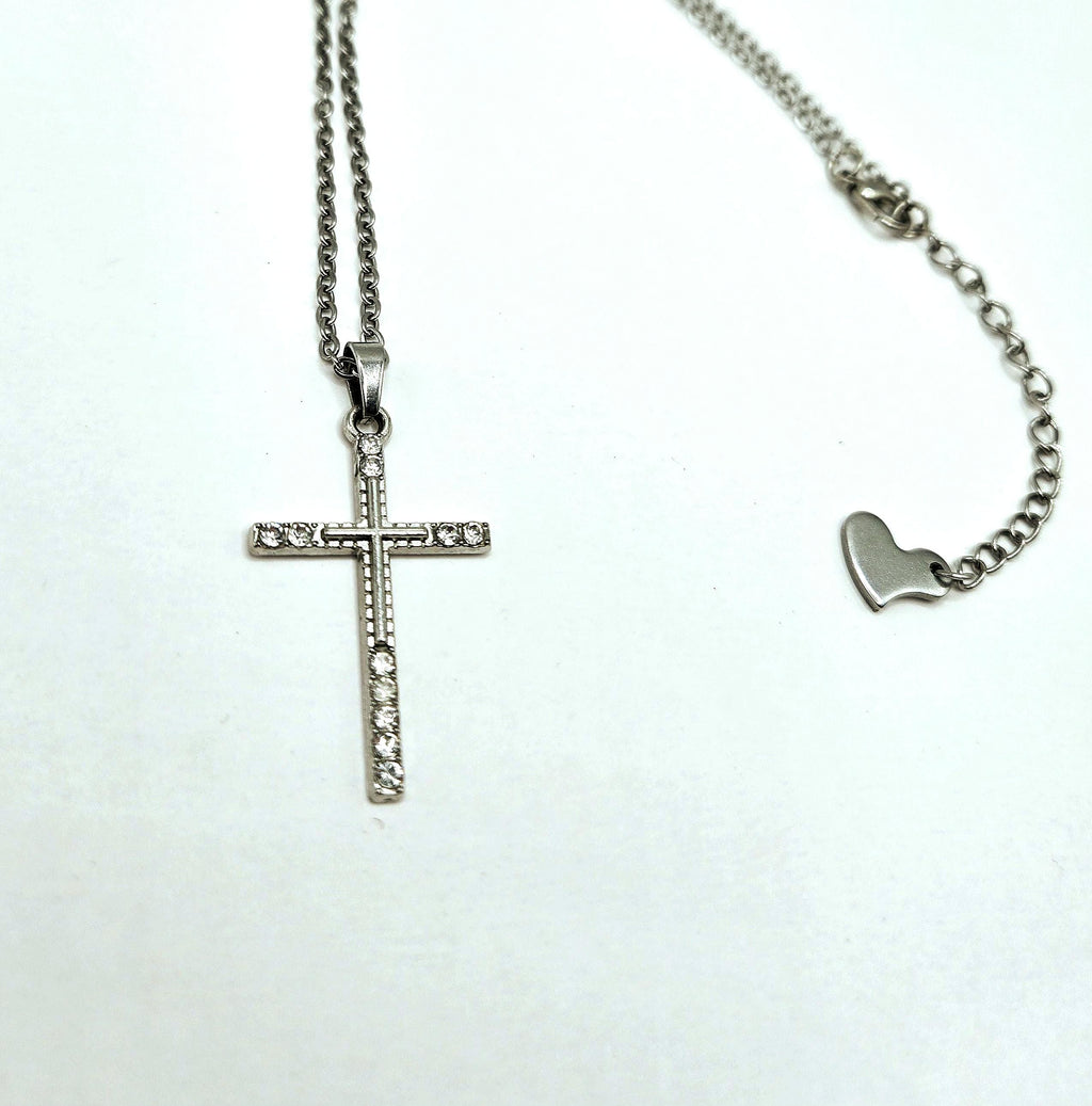 Crystal Rhinestone Cross Necklace - Stainless Steel Silver Crucifix for Women - Hypoallergenic Christian Jewelry
