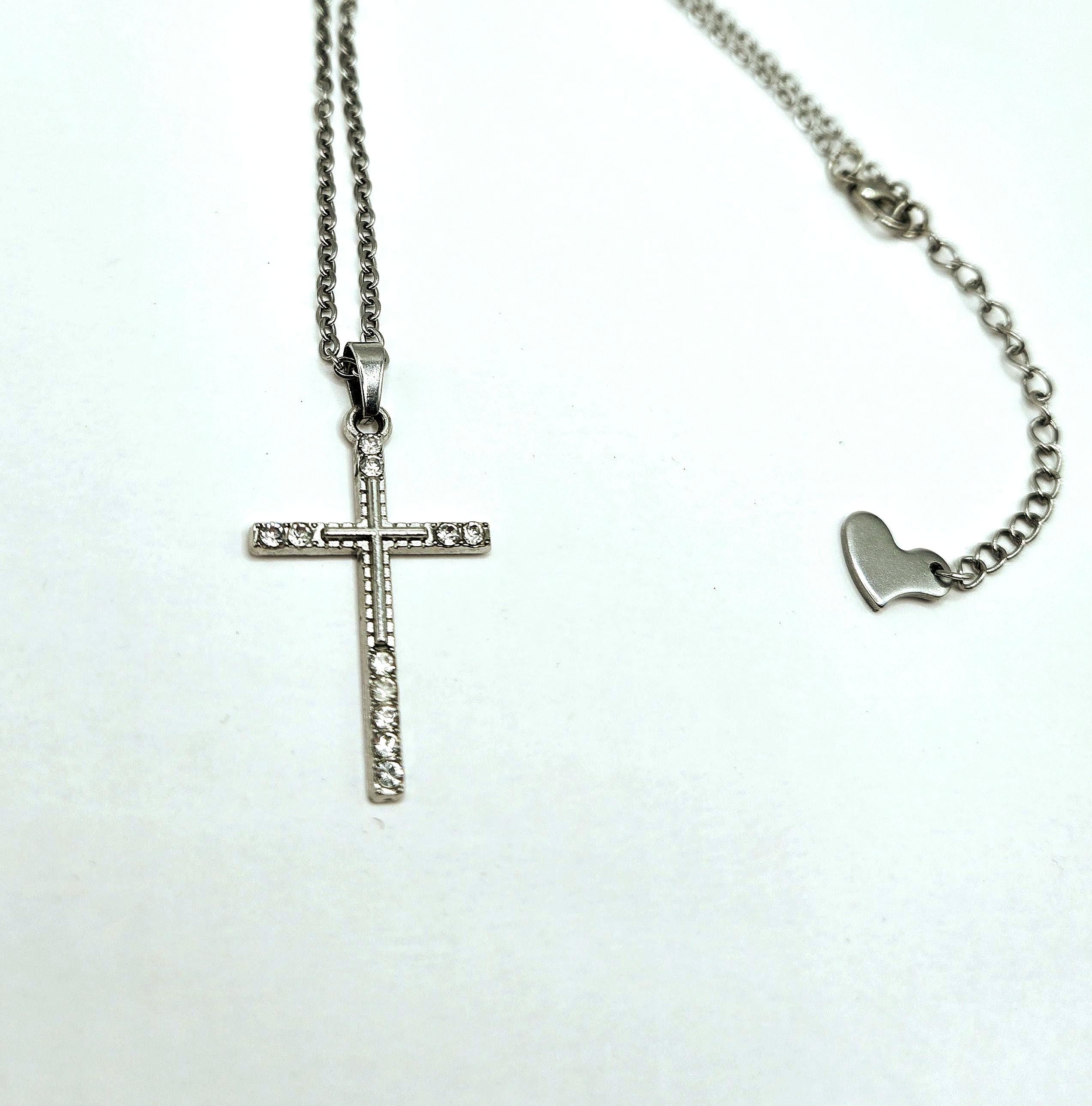 Crystal Rhinestone Cross Necklace - Stainless Steel Silver Crucifix for Women - Hypoallergenic Christian Jewelry