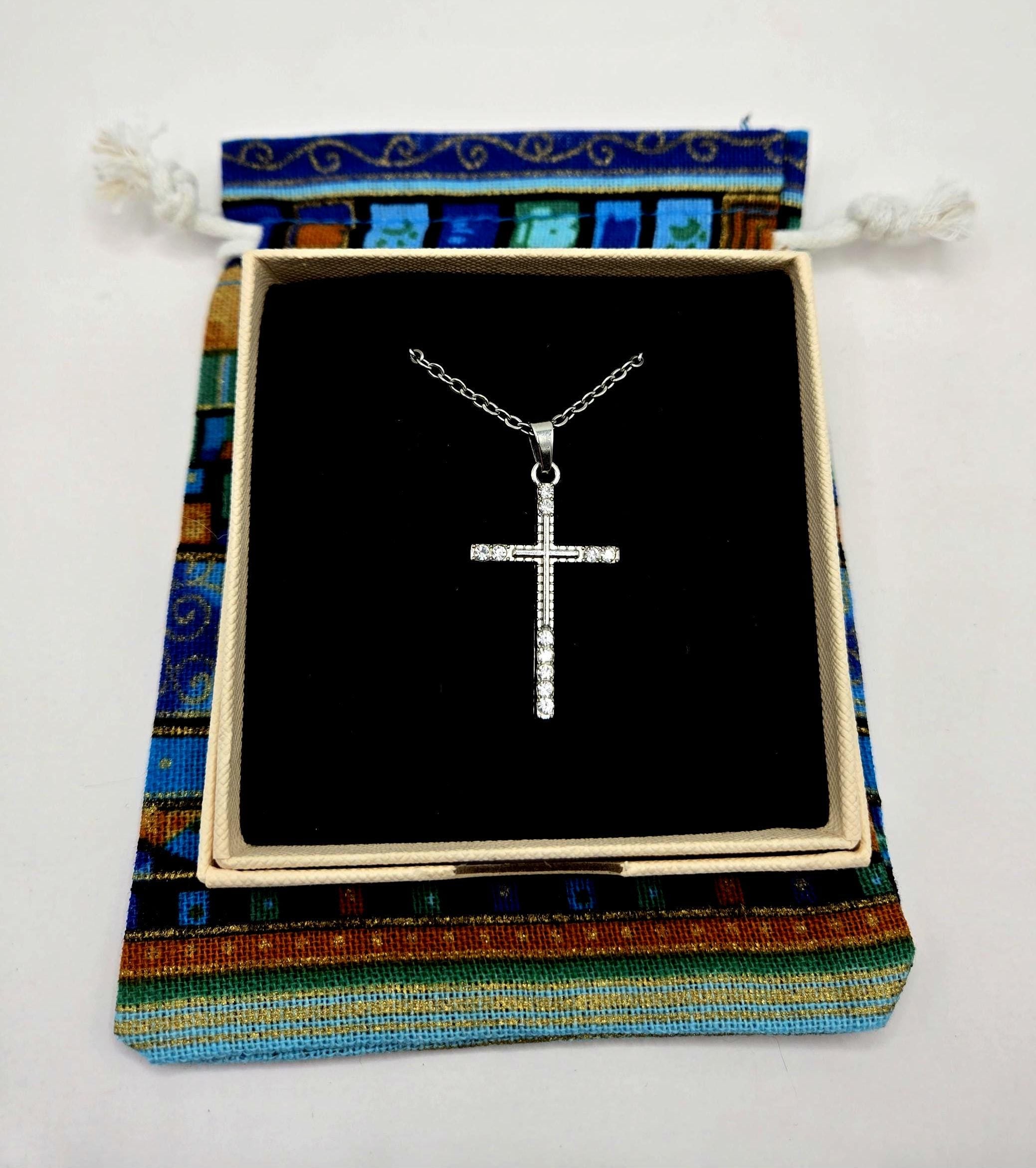 Crystal Rhinestone Cross Necklace - Stainless Steel Silver Crucifix for Women - Hypoallergenic Christian Jewelry