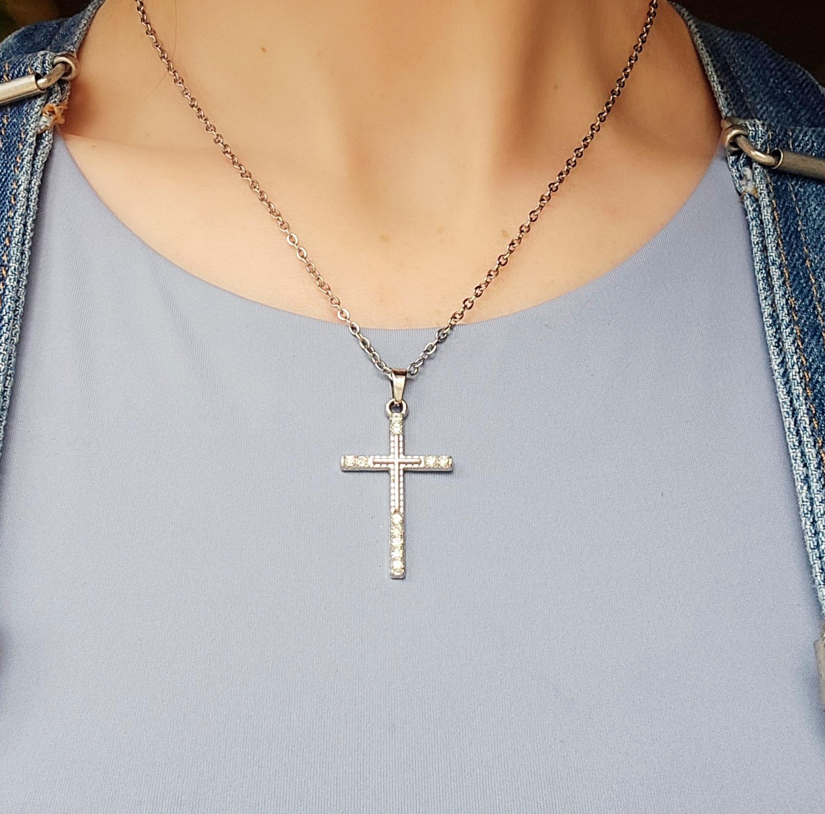 Crystal Rhinestone Cross Necklace - Stainless Steel Silver Crucifix for Women - Hypoallergenic Christian Jewelry